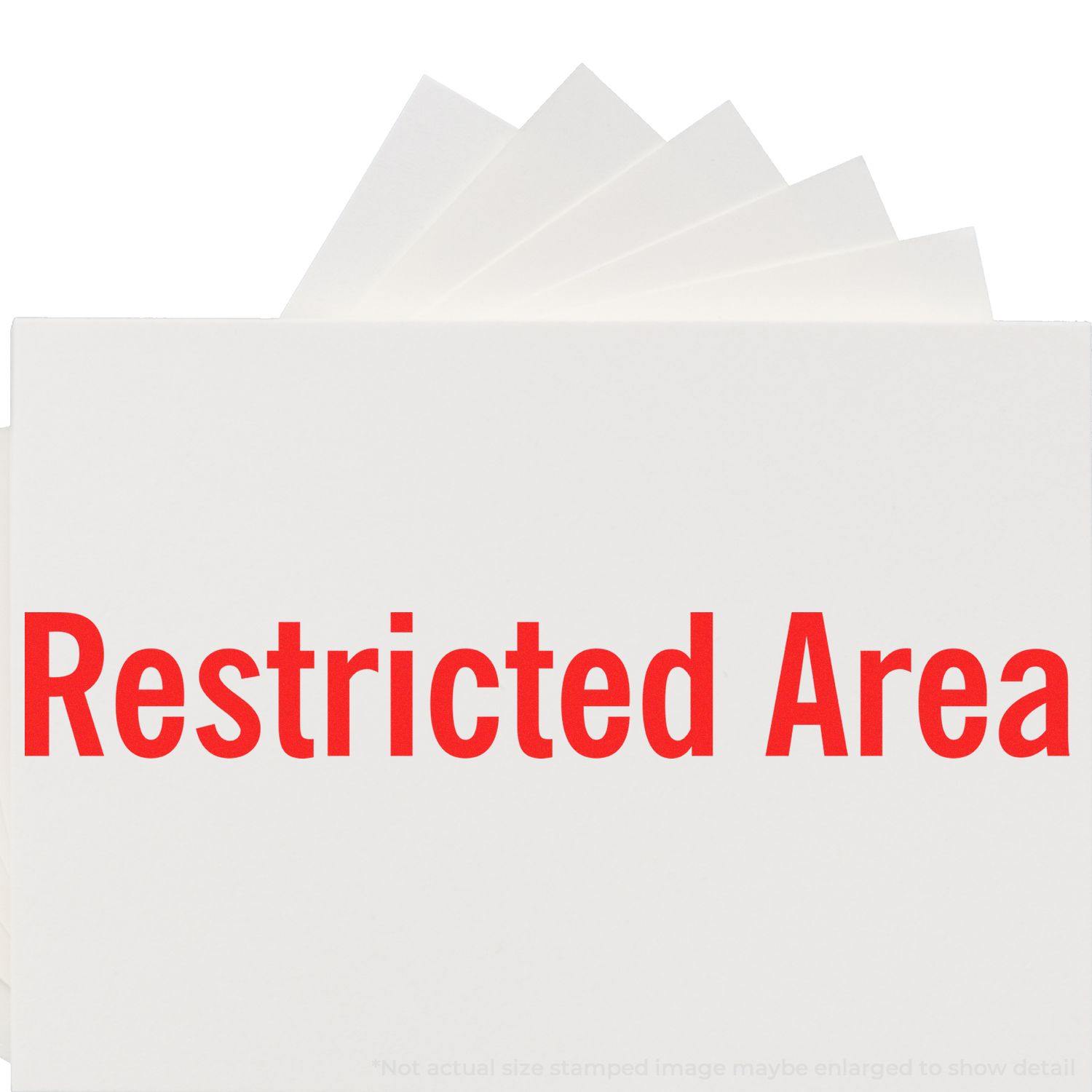 Large Pre-Inked Restricted Area Stamp in use, displaying bold red Restricted Area text on a white background.