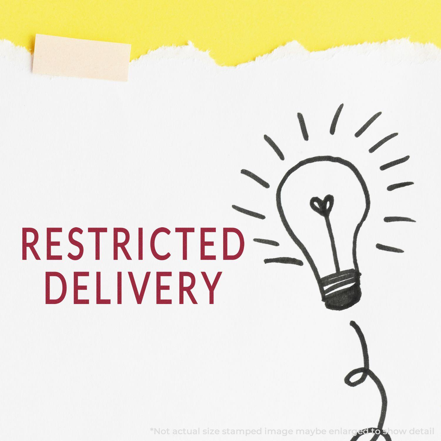 Restricted Delivery rubber stamp on white paper with a light bulb drawing, yellow background, and torn paper edge.