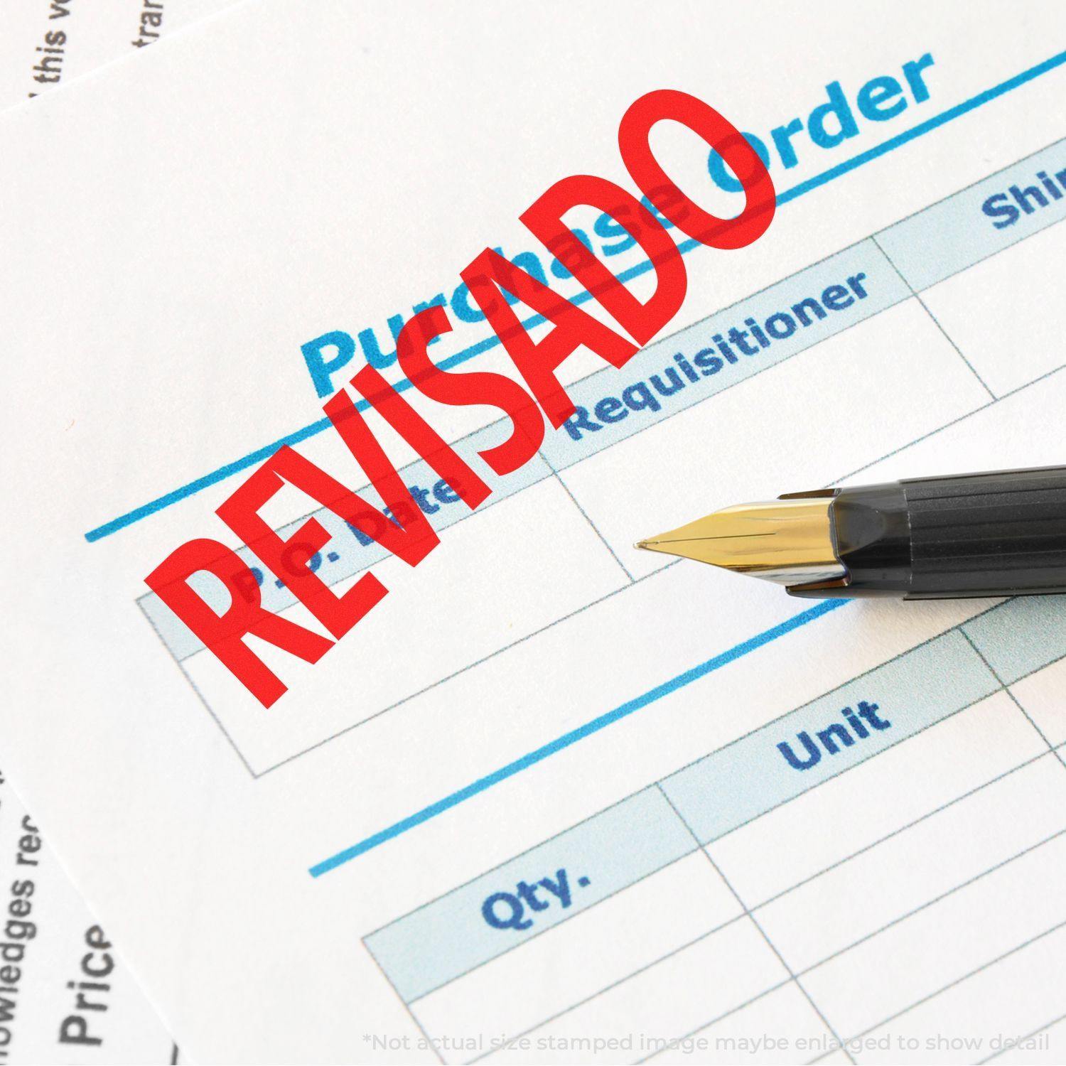 Slim Pre-Inked Revisado Stamp marking a purchase order document with a red REVISADO stamp next to a fountain pen.