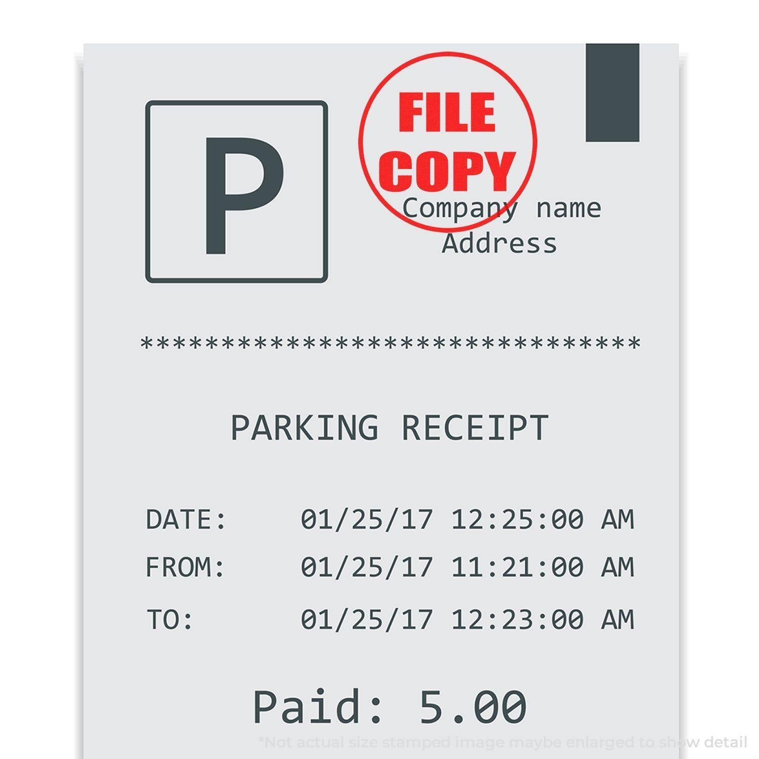 Parking receipt stamped with a round 'File Copy' rubber stamp in red, showing date, time, and payment details.