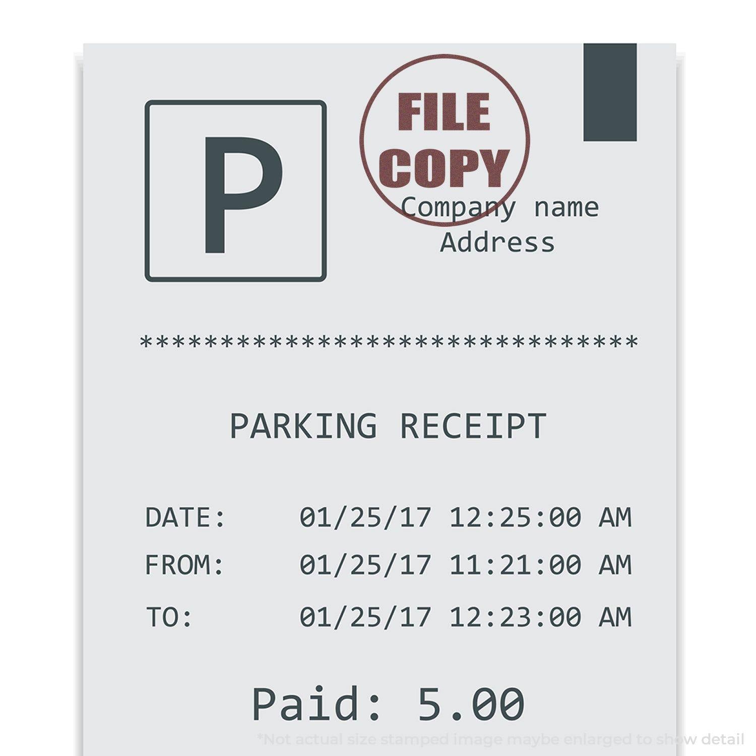 Parking receipt with a Round File Copy Rubber Stamp marked at the top, showing date, time, and amount paid.