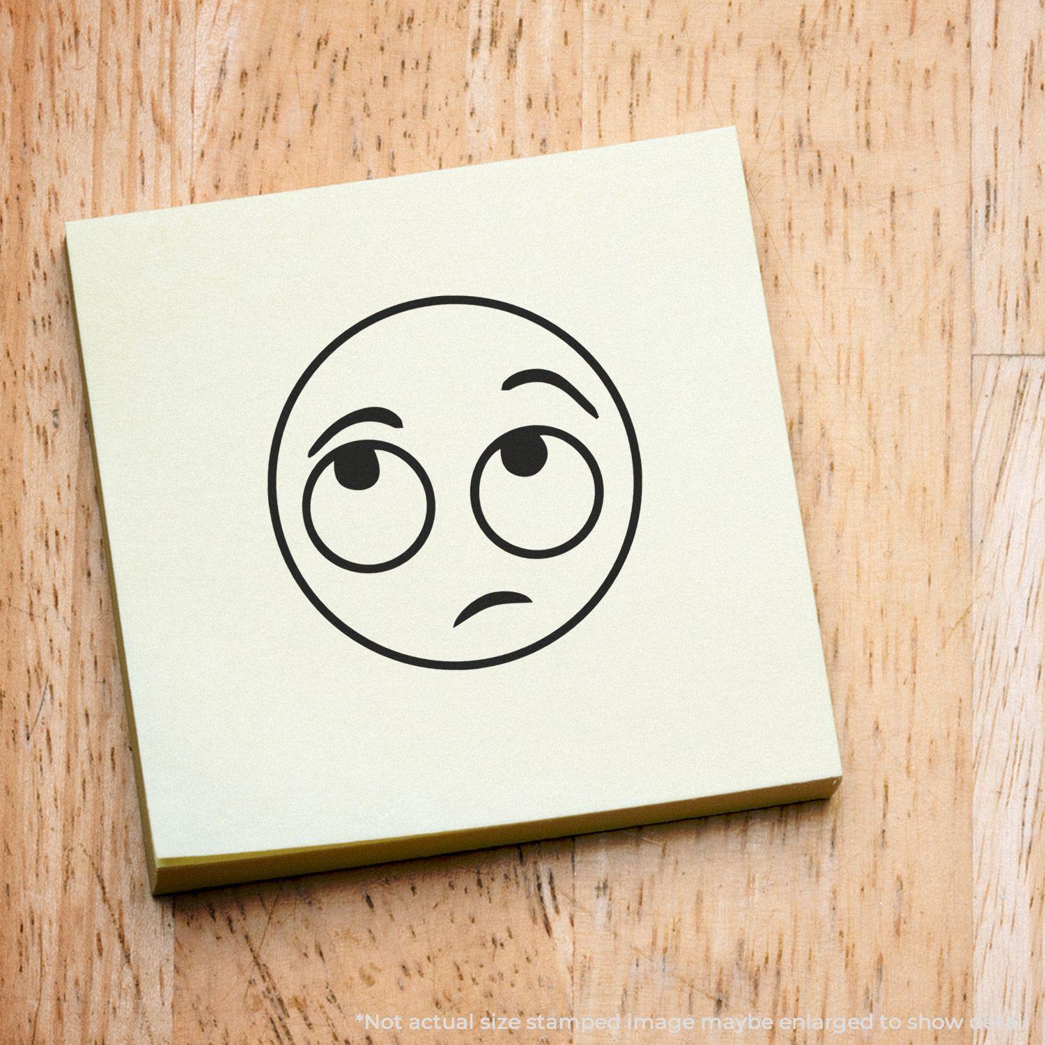 Round Whatever Smiley Rubber Stamp impression on a yellow sticky note, featuring a smiley face with an indifferent expression.