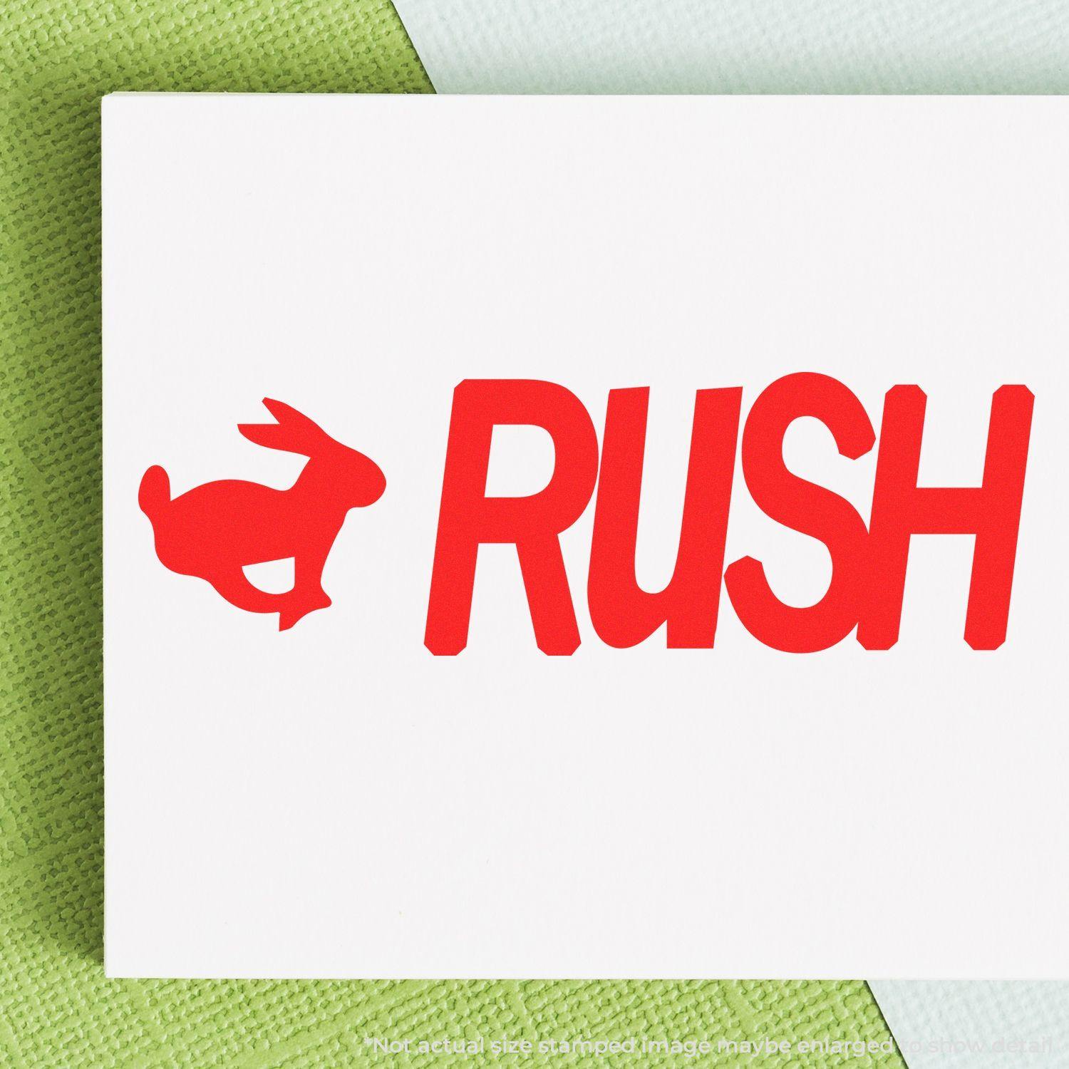 Large Pre-Inked Rush with Rabbit Stamp in red ink on white paper, featuring a rabbit icon and the word RUSH in bold letters.