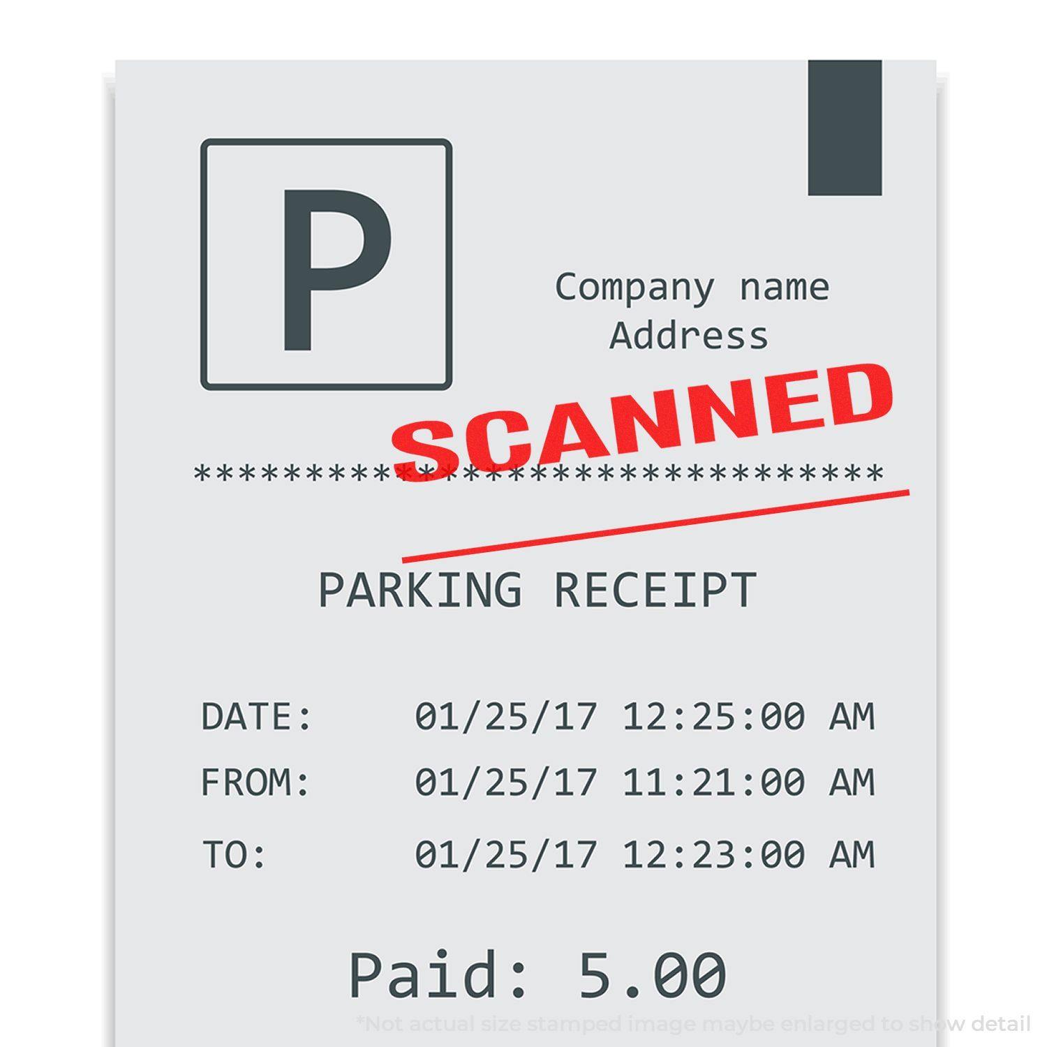 Parking receipt stamped with SCANNED using the Large Pre-Inked Scanned with Line Stamp, showing date, time, and payment details.