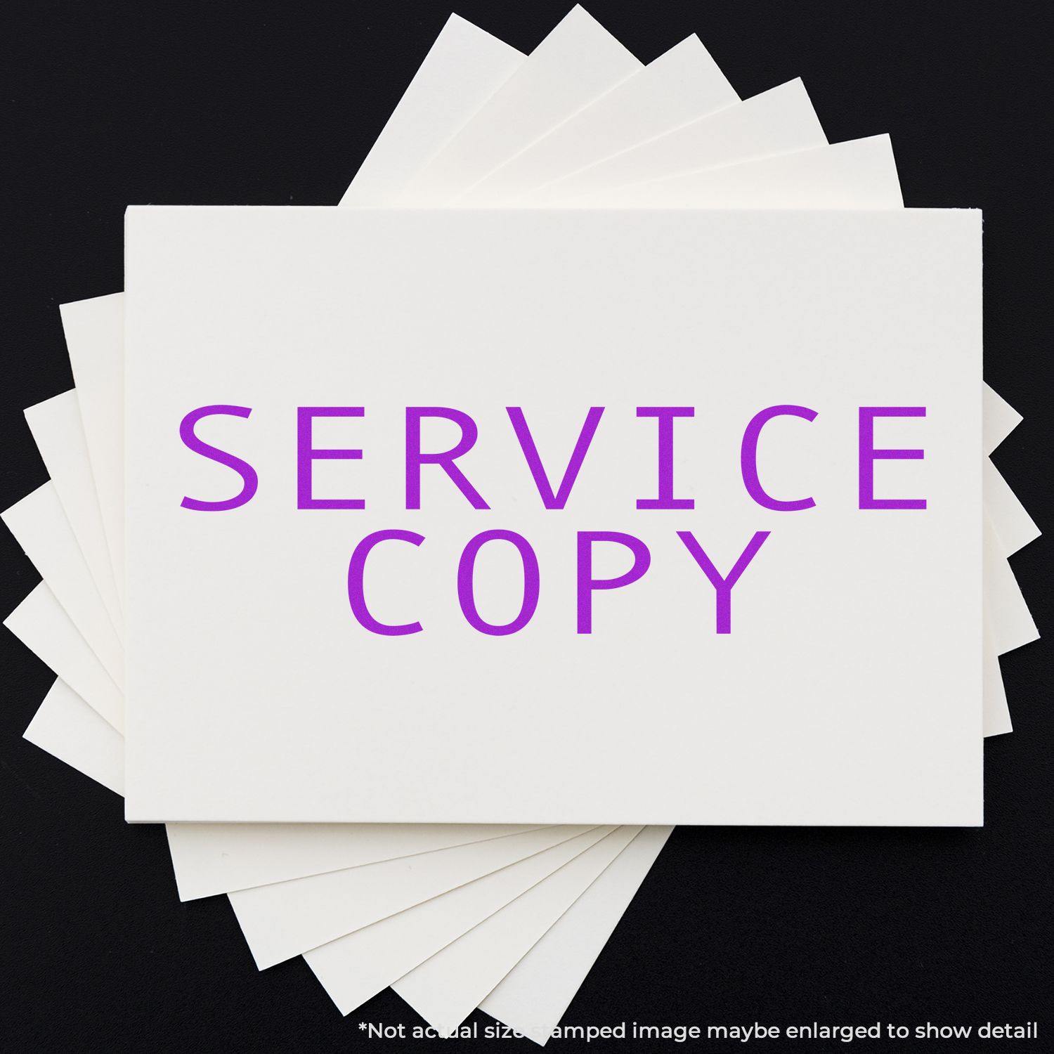 Service Copy rubber stamp impression in purple ink on white paper, with additional sheets fanned out underneath.