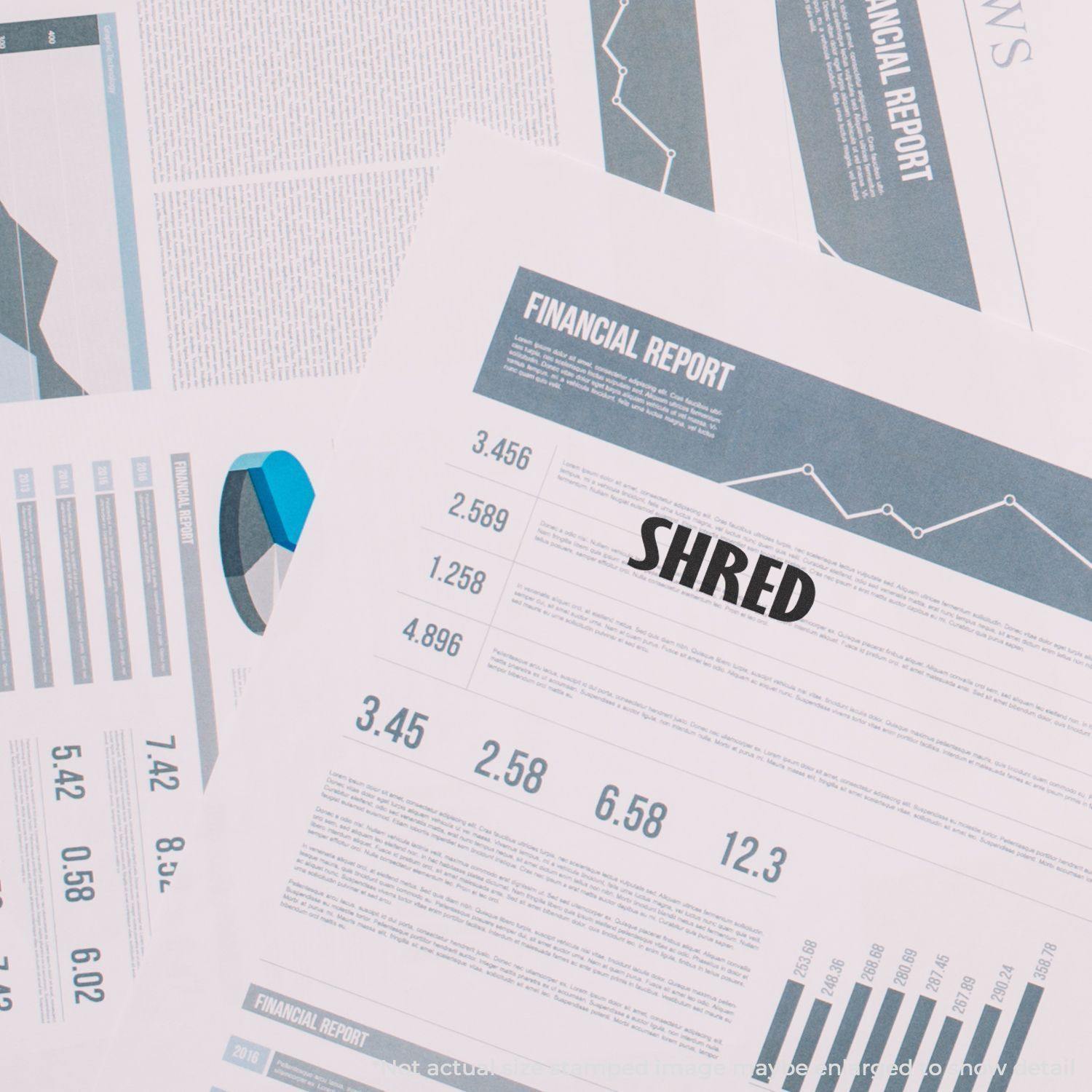 Financial documents stamped with SHRED using the Self Inking Shred Stamp, indicating the papers are ready for disposal.