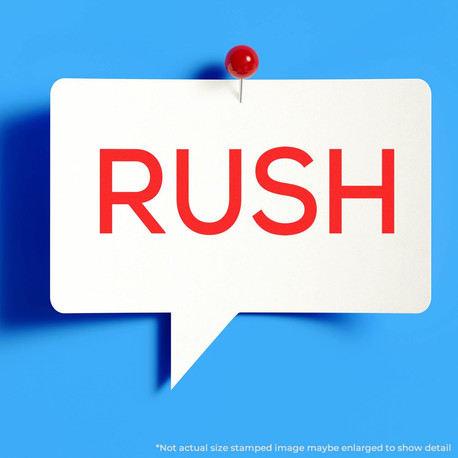 Skinny Rush Rubber Stamp impression on a white speech bubble pinned to a blue background, displaying the word RUSH in red.