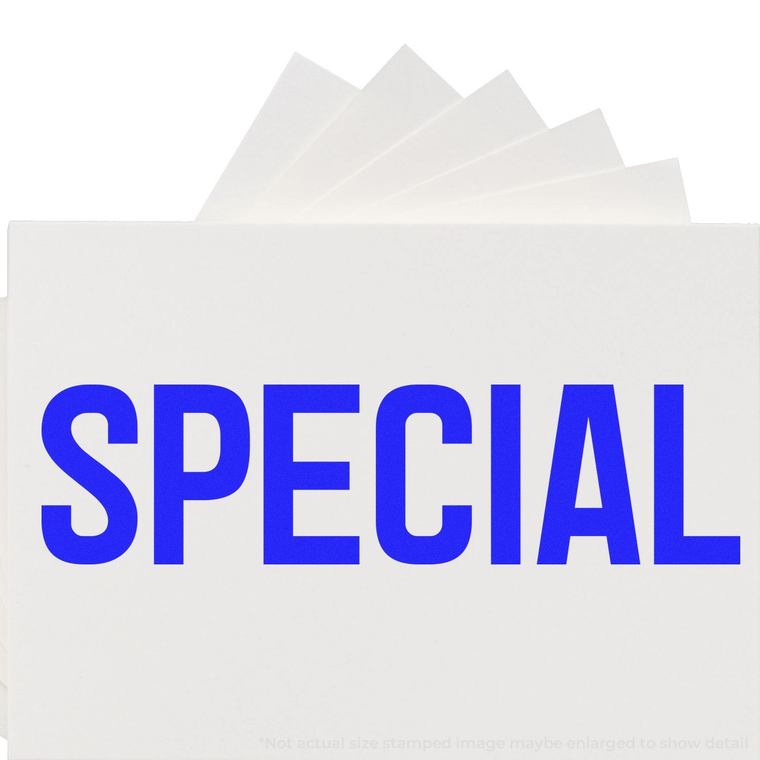 Slim Pre-Inked Special Stamp imprinting the word SPECIAL in bold blue letters on a white surface.