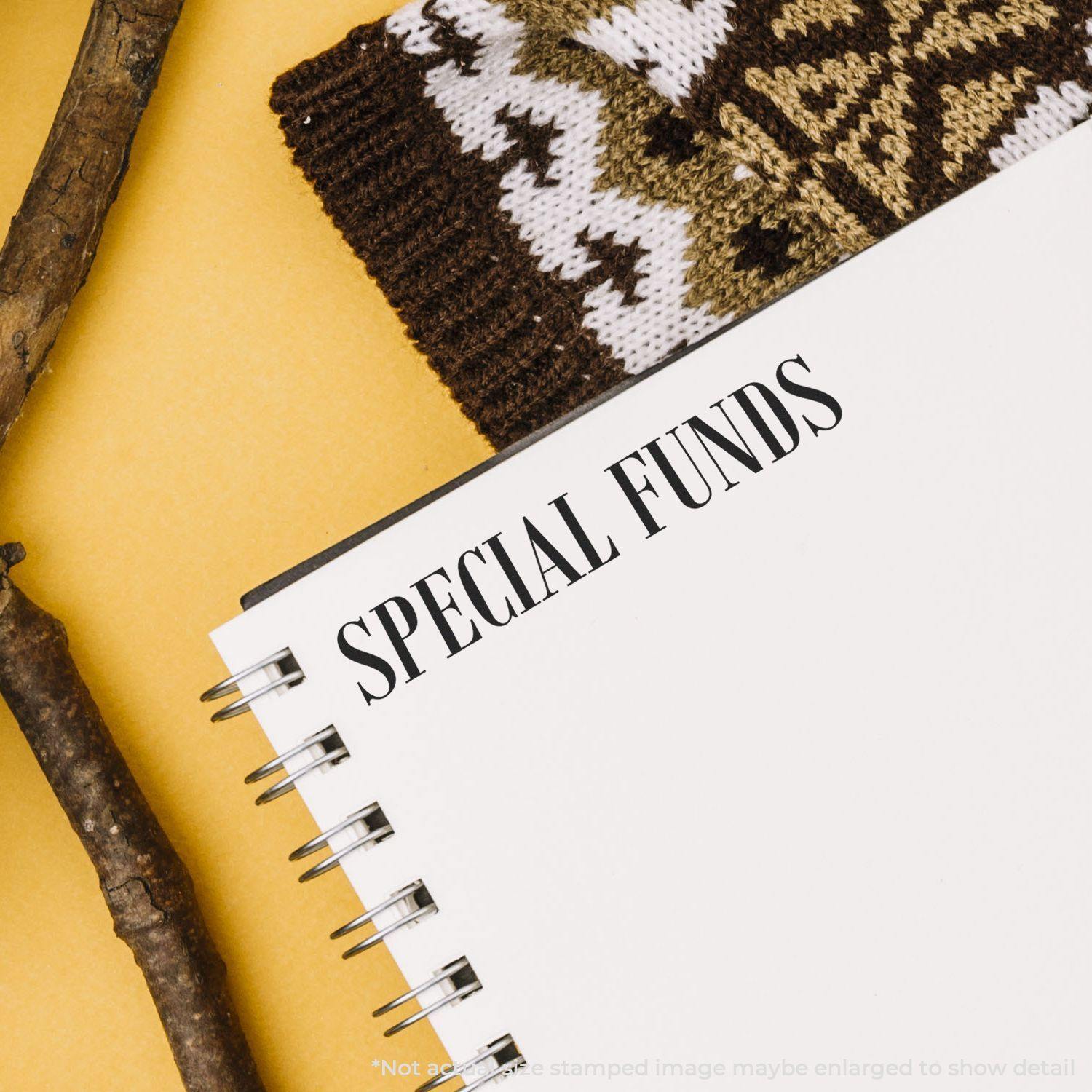 Special Funds rubber stamp impression on a white notebook page, with a knitted sleeve and wooden sticks in the background.