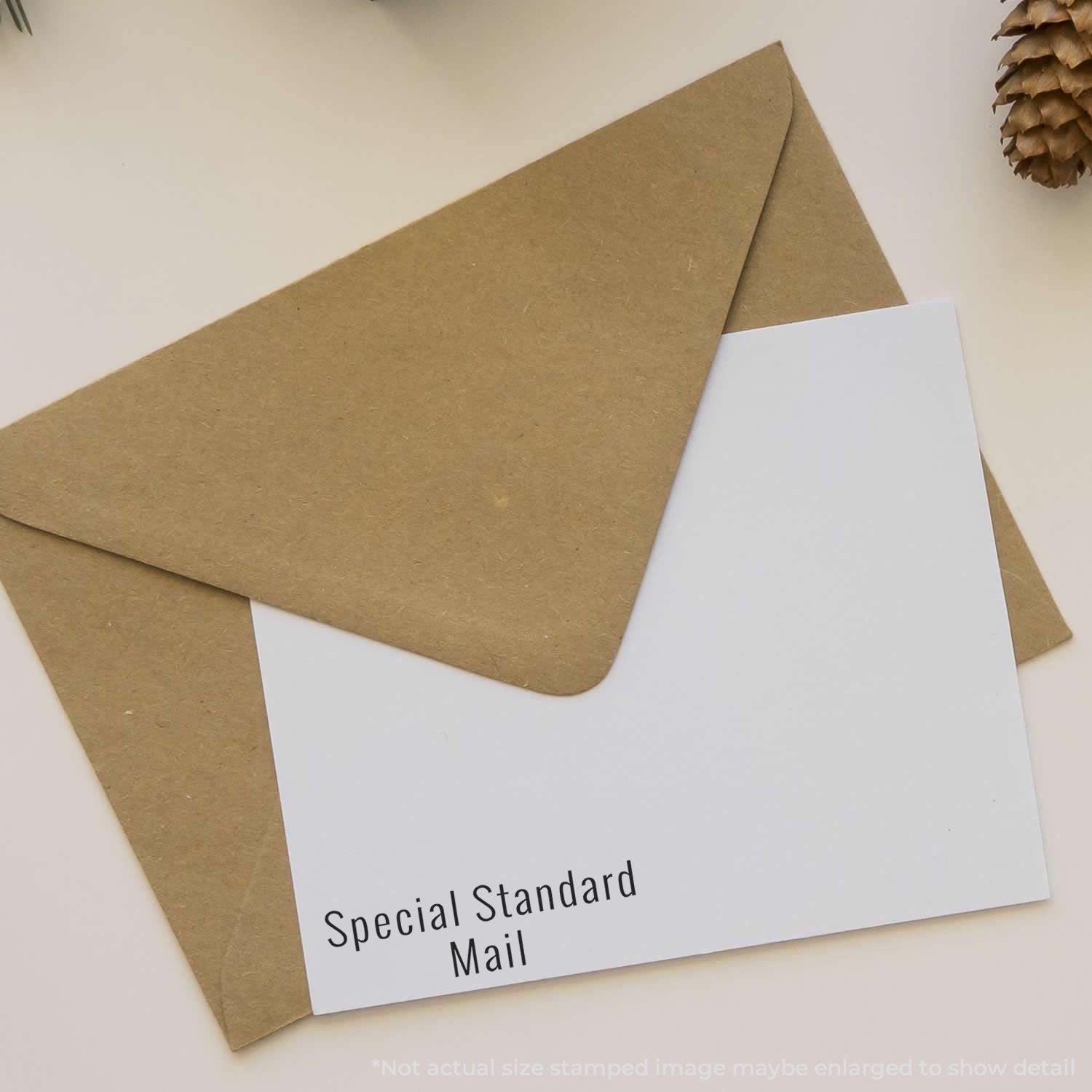 Brown envelope with a white card stamped Special Standard Mail in black ink, placed on a light-colored surface.