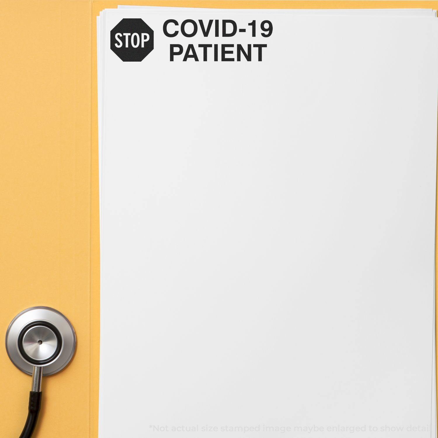 Slim Pre-Inked Stop Covid Patient Stamp used on a document with a stethoscope nearby. The stamp reads "STOP COVID-19 PATIENT" in bold letters.