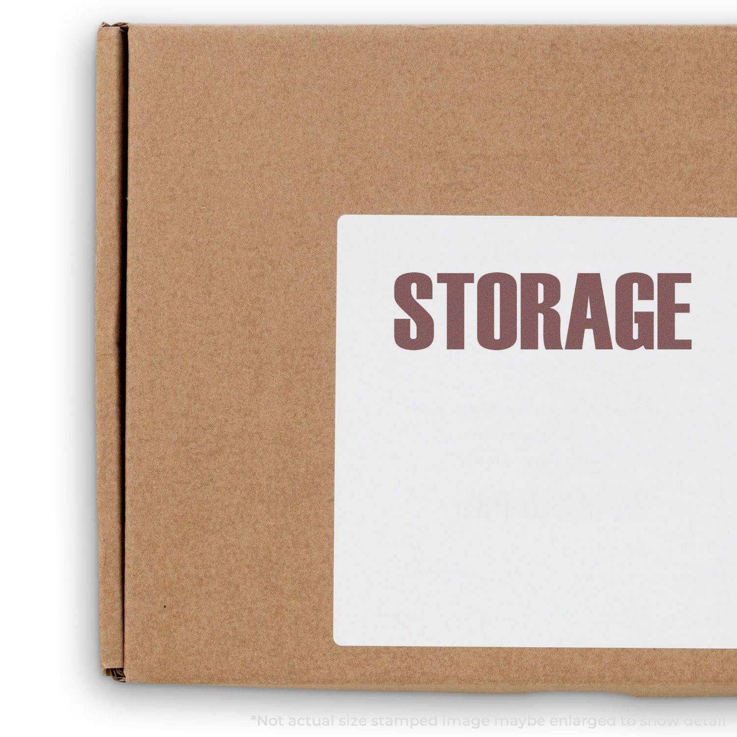 Cardboard box with a white label stamped STORAGE using the Large Self Inking Storage Stamp.