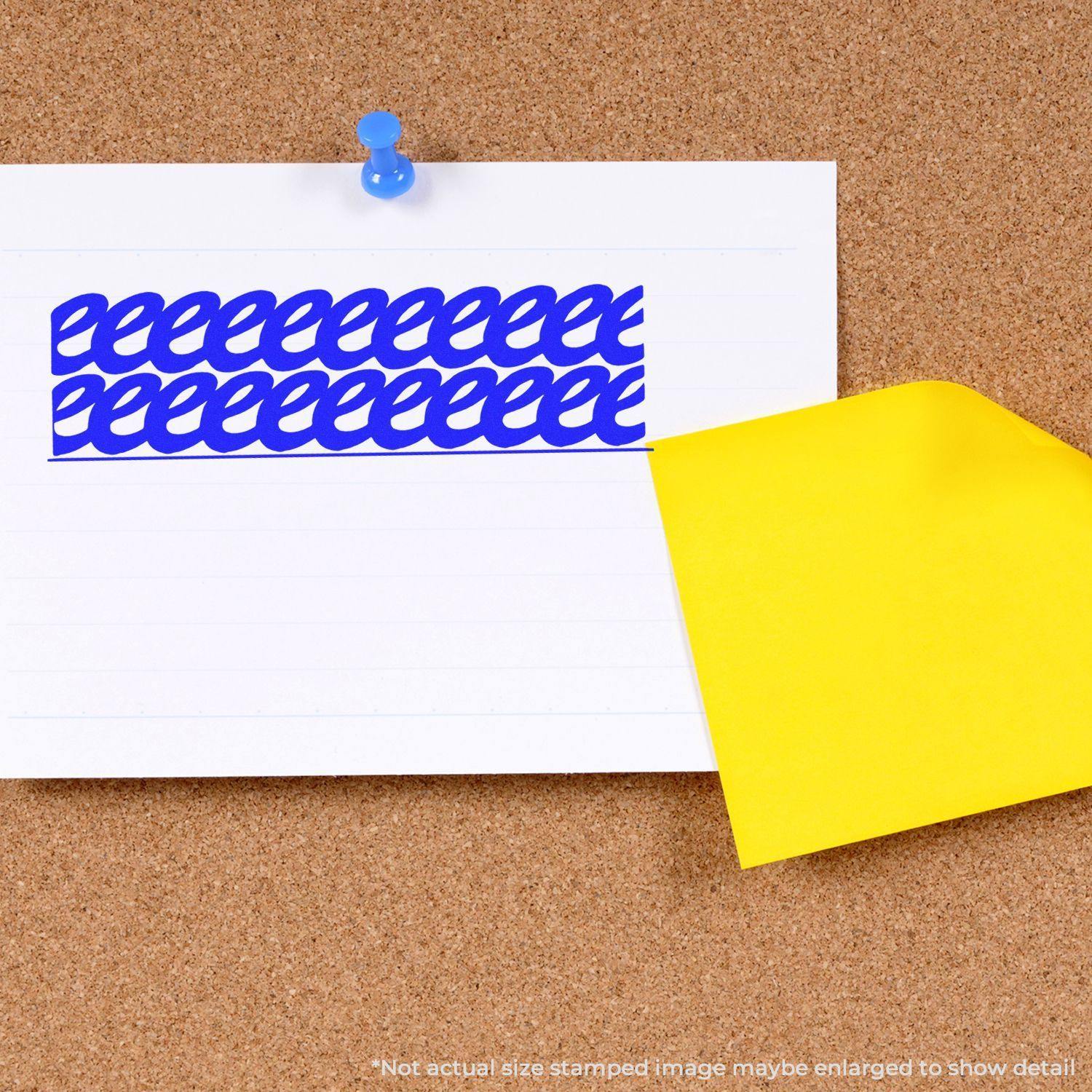 Large Self Inking Strikeout Stamp used on white paper pinned to a corkboard, with a yellow sticky note partially covering the paper.