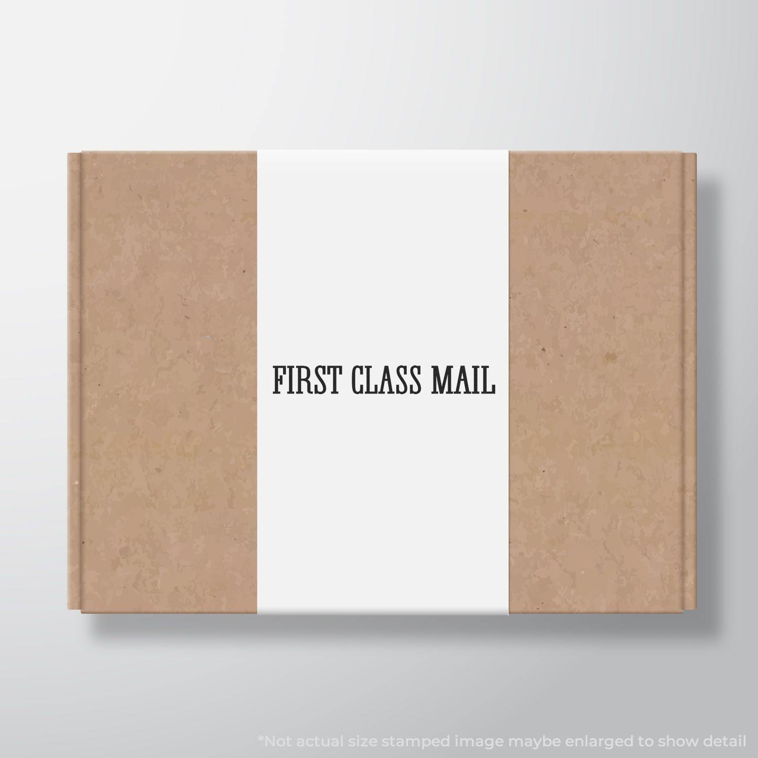 Self Inking Times First Class Mail Stamp imprint on a brown and white package, showcasing clear and bold text.