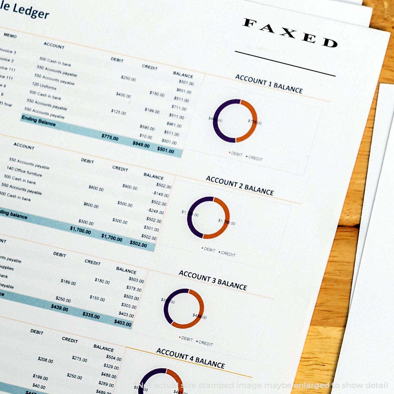 Large Pre-Inked Faxed Stamp Two Lines used on documents with charts and account balances.