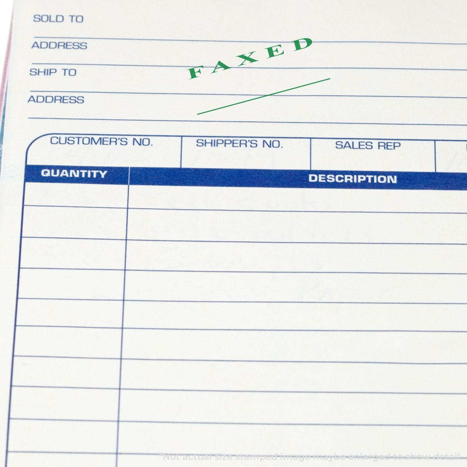 Large Pre-Inked Faxed Stamp Two Lines in green ink stamped on a document with columns for customer number, shipper's number, and sales rep.