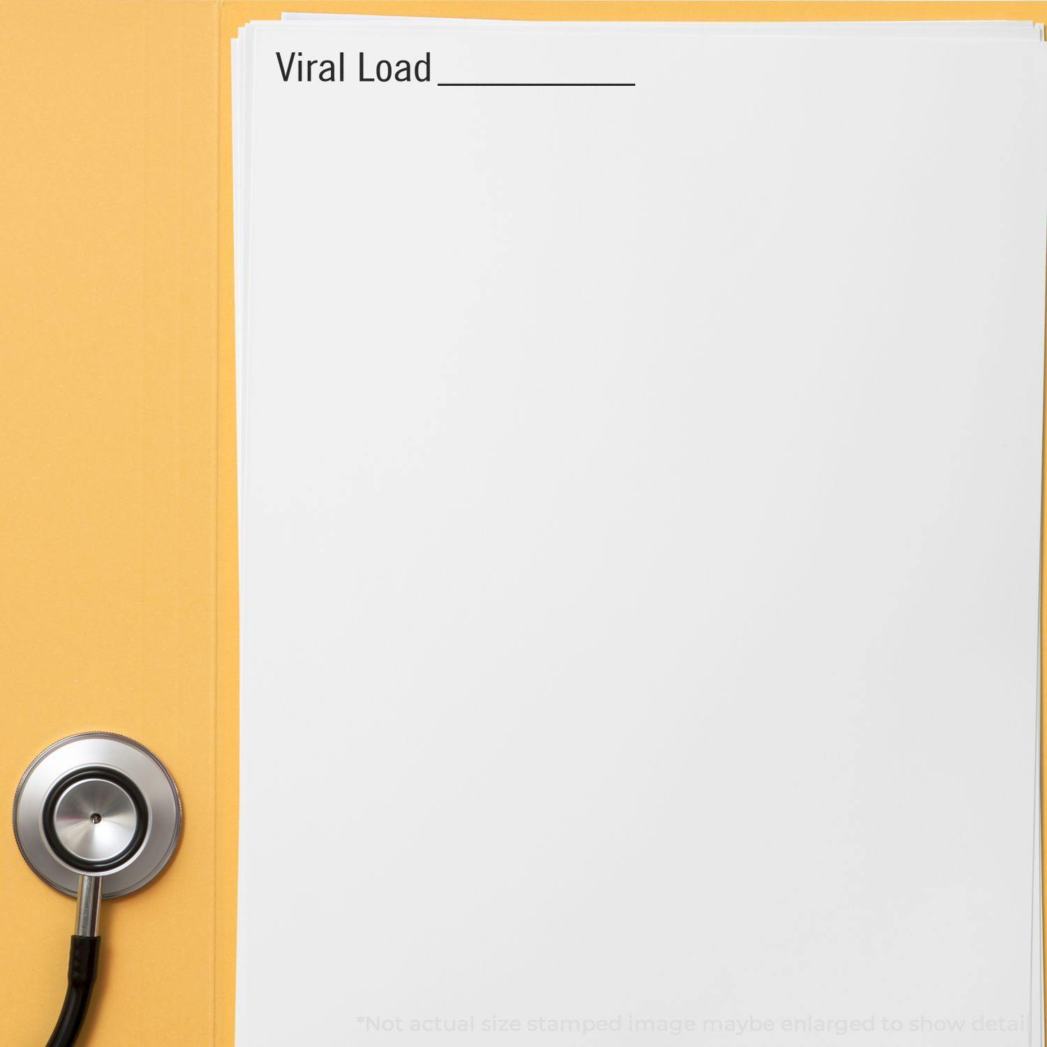 Slim Pre-Inked Viral Load Stamp on a blank document with a stethoscope nearby on a yellow background.