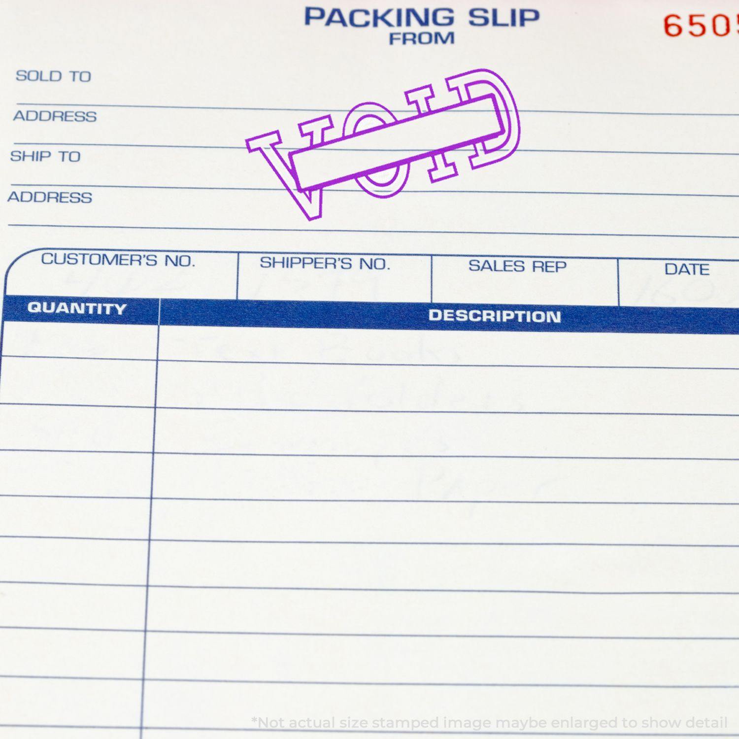 Packing slip stamped with Large Self Inking Void with Box Stamp in purple ink, indicating the document is voided.