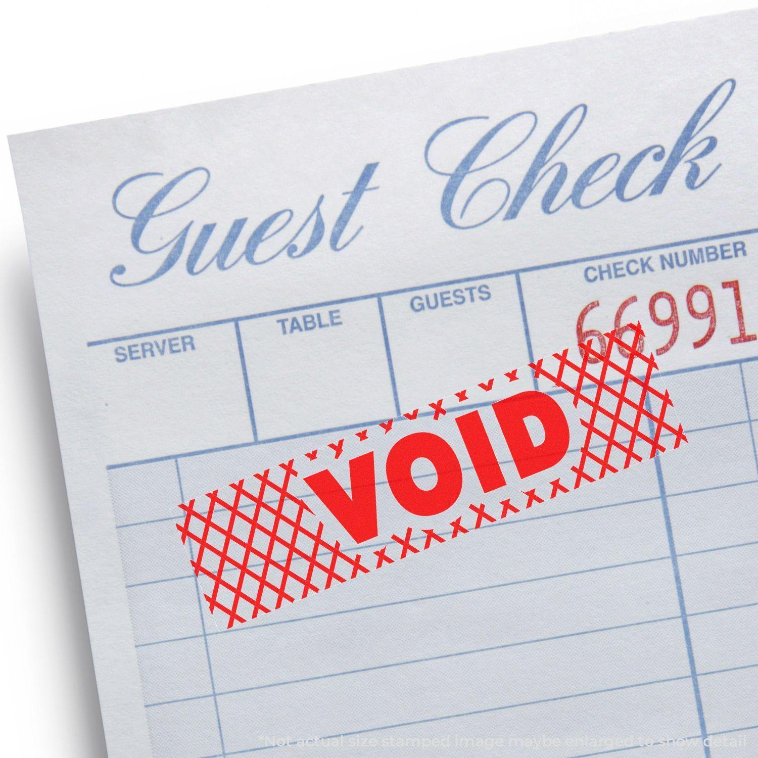 Guest check stamped with Slim Pre-Inked Void with Strikelines Stamp in red ink, marking the document as void.