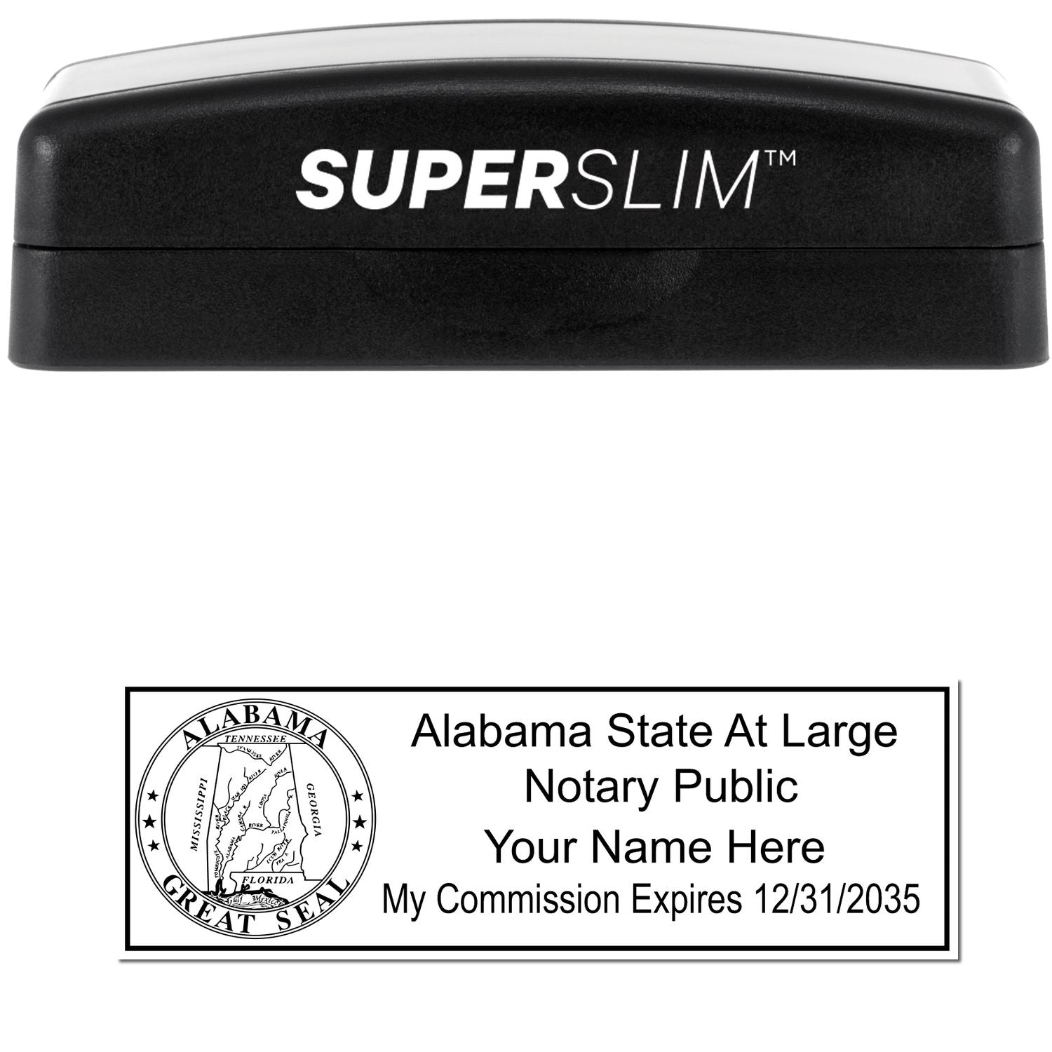 The main image for the Super Slim Alabama Notary Public Stamp depicting a sample of the imprint and electronic files