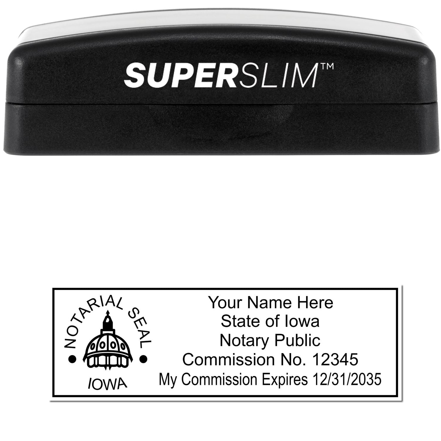 The main image for the Super Slim Iowa Notary Public Stamp depicting a sample of the imprint and electronic files