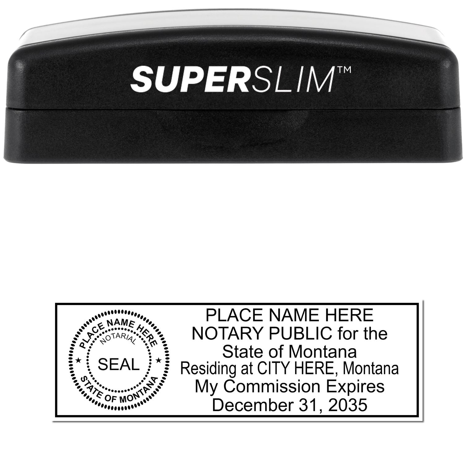 The main image for the Super Slim Montana Notary Public Stamp depicting a sample of the imprint and electronic files