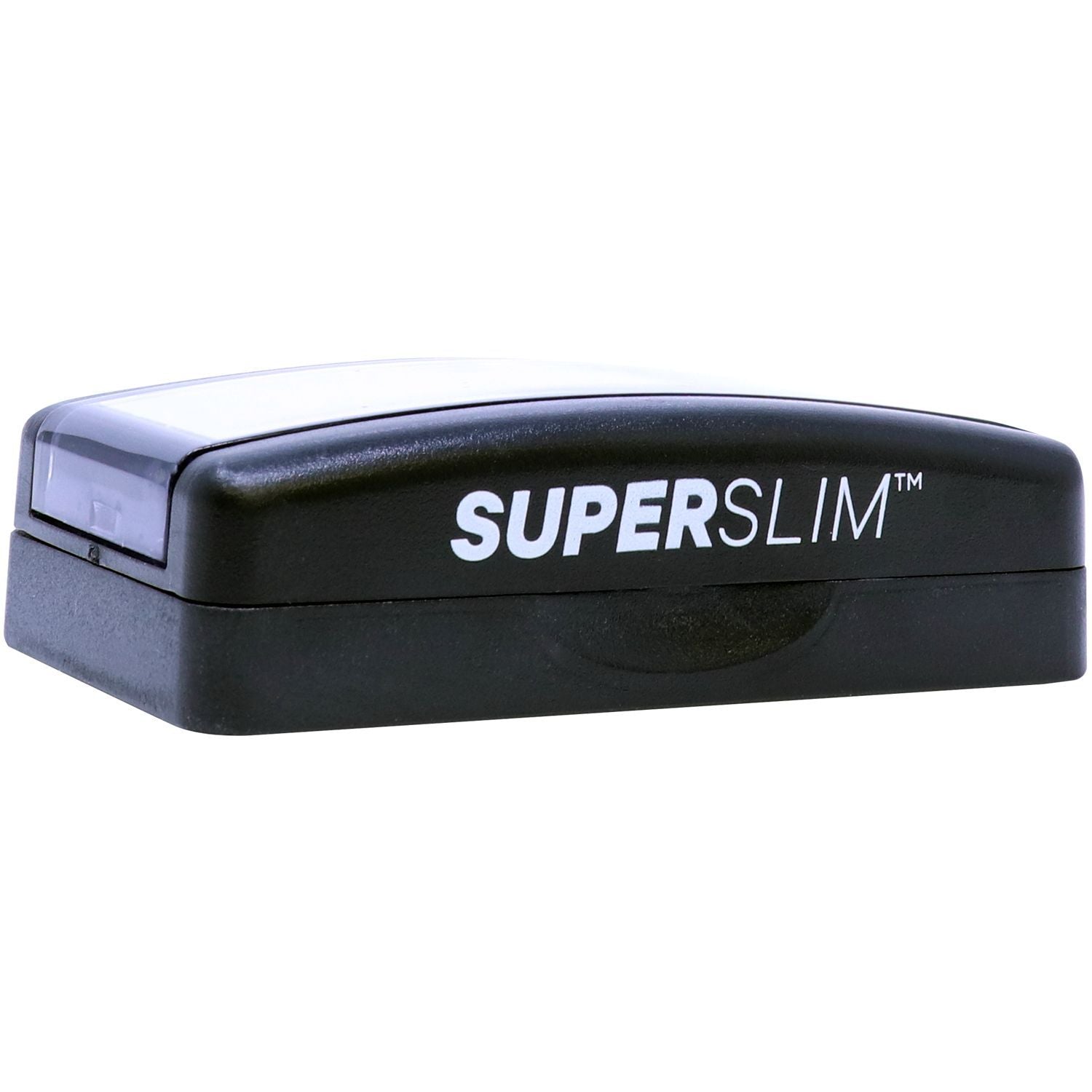 Super Slim 2564 Customized Pre-Inked Stamp 1 x 2-3/8, black casing, angled front view, with SUPERSLIM branding visible on the side.