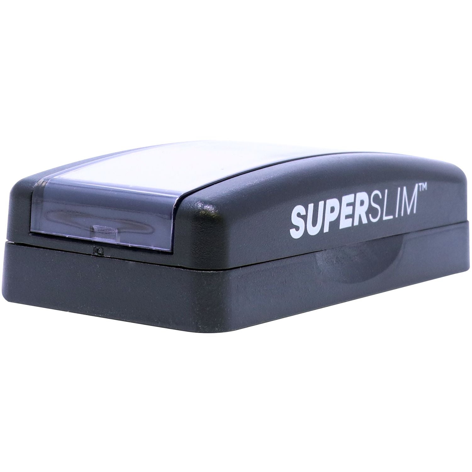 Super Slim 2564 Customized Pre-Inked Stamp 1 x 2-3/8, black casing with a clear cover, compact and sleek design, shown from the front side.