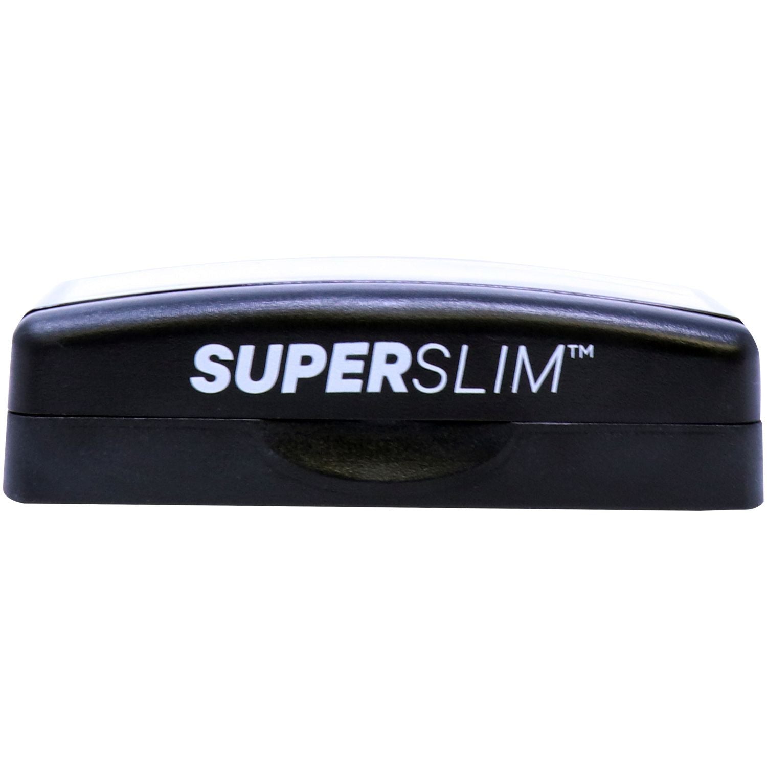 Super Slim 2564 Customized Pre-Inked Stamp 1 x 2-3/8, black casing with white text, compact and sleek design, front view.