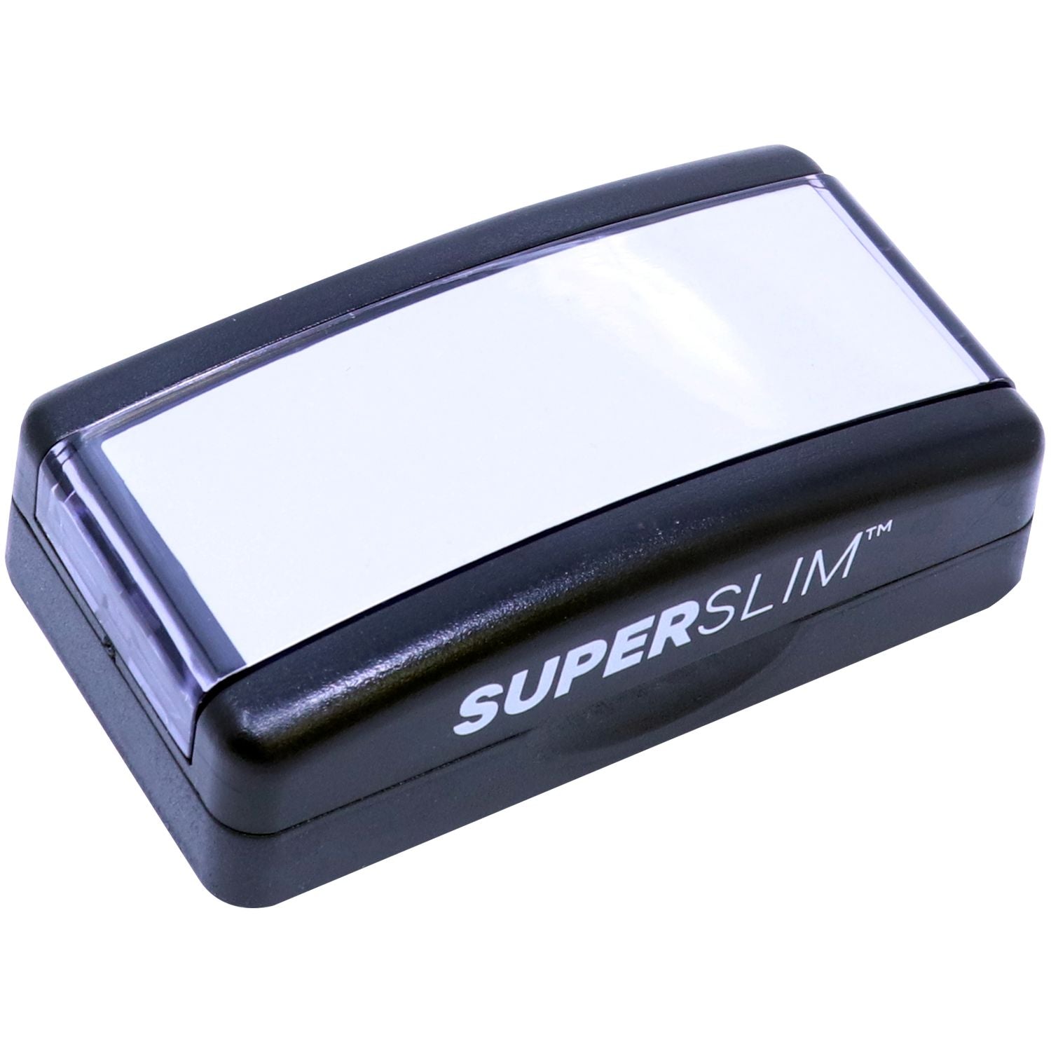 Super Slim Pre-Inked State Seal Notary Stamp in black with a white top, compact and rectangular design, shown from a top angle.