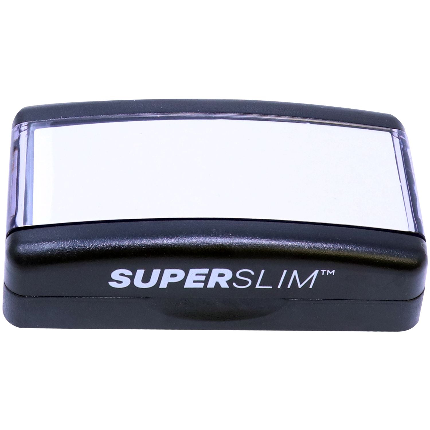 Super Slim 2564 Customized Pre-Inked Stamp 1 x 2-3/8, black casing with a clear top, displaying the brand name SUPERSLIM on the front.