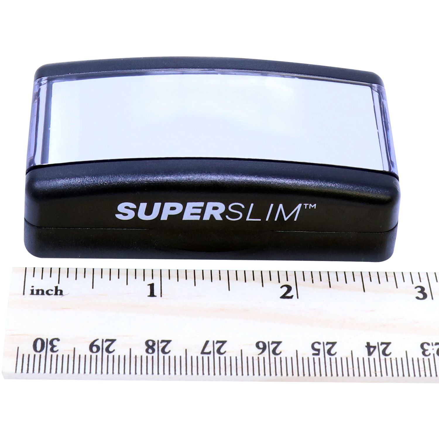 Super Slim Pre-Inked State Seal Notary Stamp shown next to a ruler for size reference, highlighting its compact design.