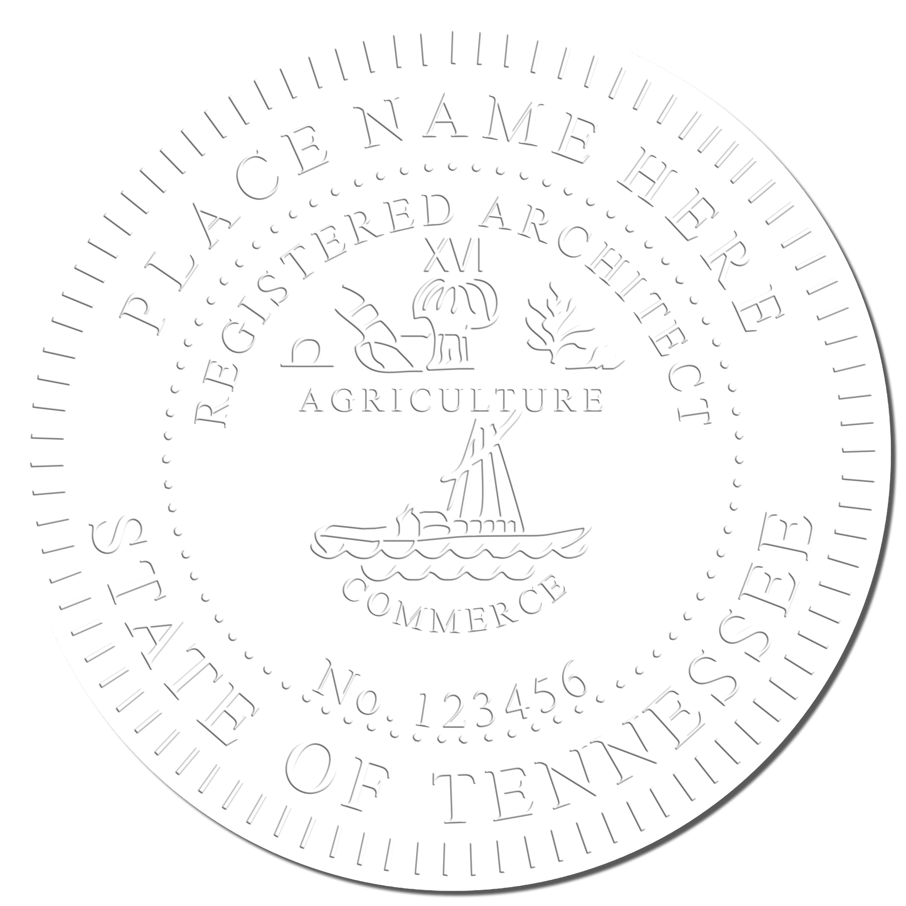 This paper is stamped with a sample imprint of the Heavy Duty Cast Iron Tennessee Architect Embosser, signifying its quality and reliability.