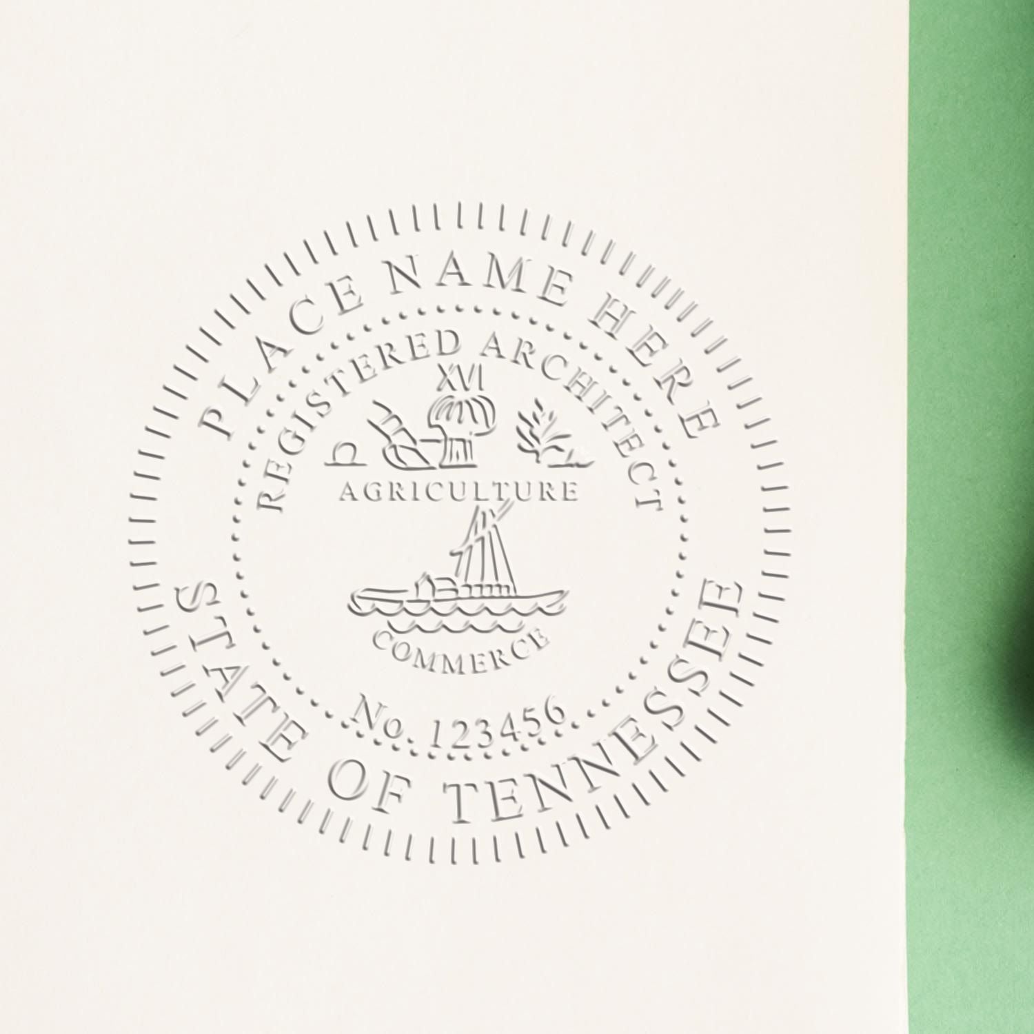 The Gift Tennessee Architect Seal stamp impression comes to life with a crisp, detailed image stamped on paper - showcasing true professional quality.