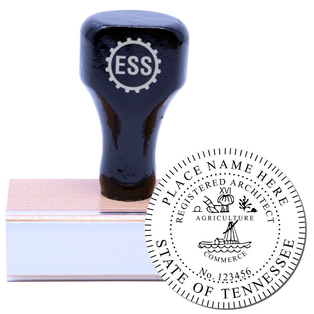 Wooden handle rubber stamp with Tennessee Architect Seal Stamp design, featuring state emblem and registration details.