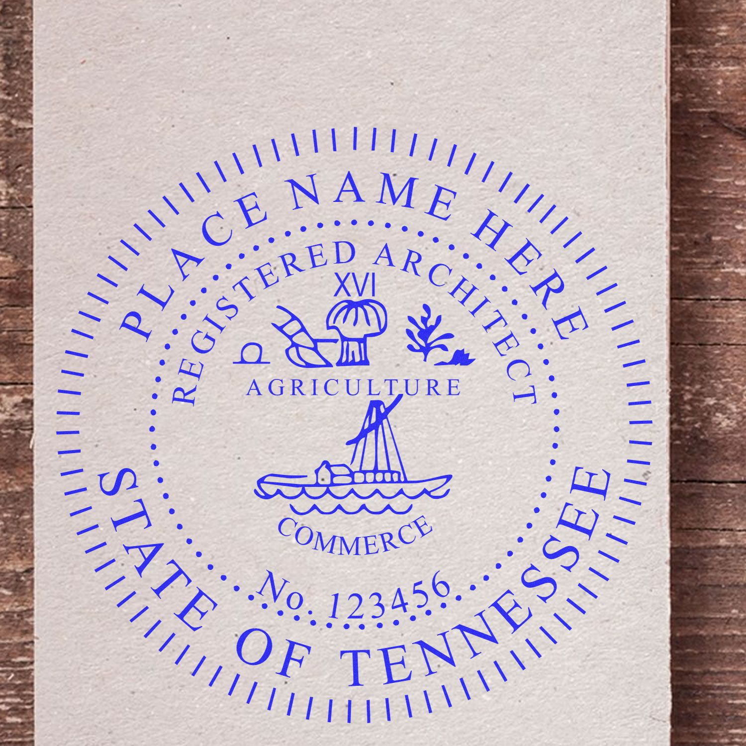 Blue Tennessee Architect Seal Stamp on beige paper with customizable name and number, featuring agriculture and commerce symbols.