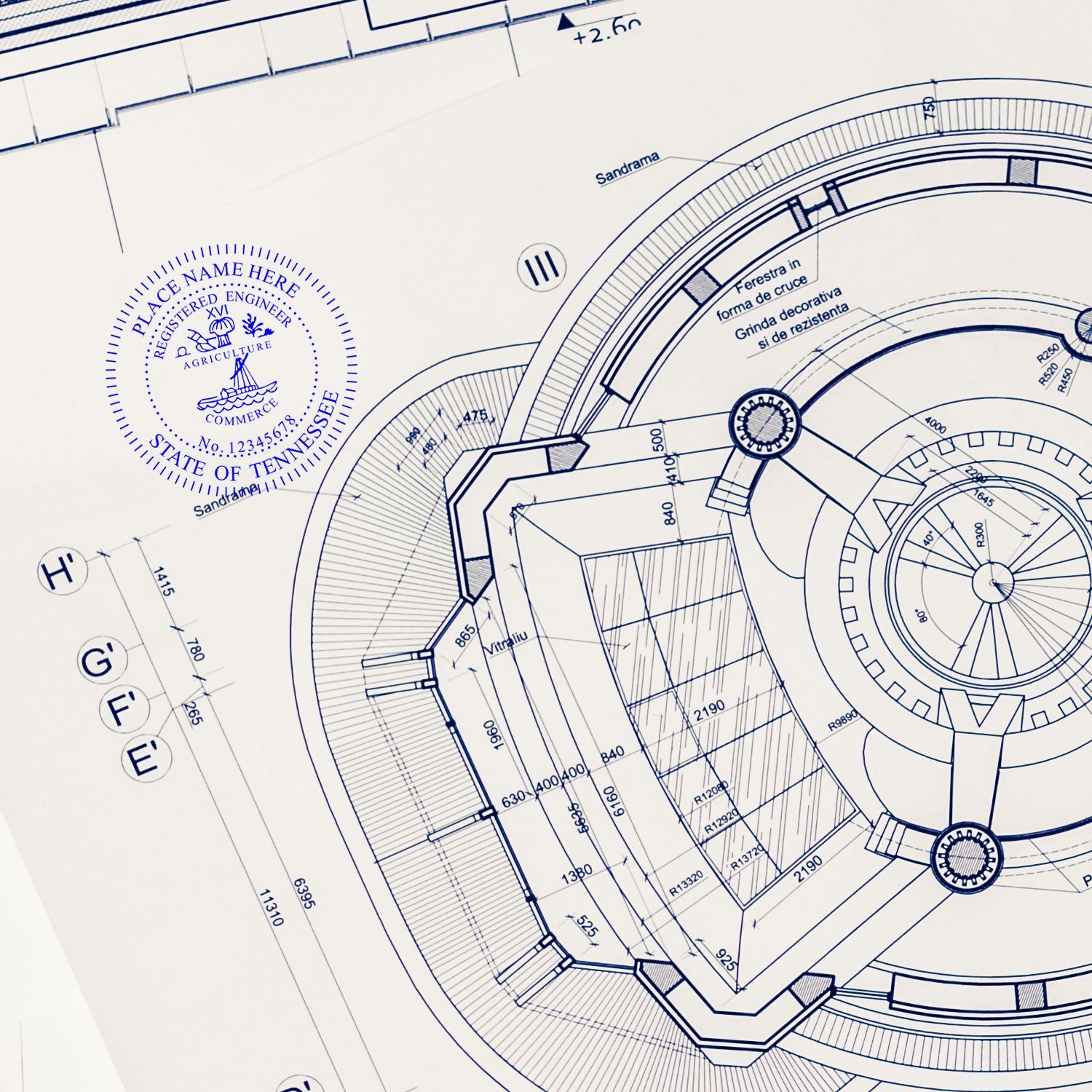 This paper is stamped with a sample imprint of the Digital Tennessee PE Stamp and Electronic Seal for Tennessee Engineer, signifying its quality and reliability.