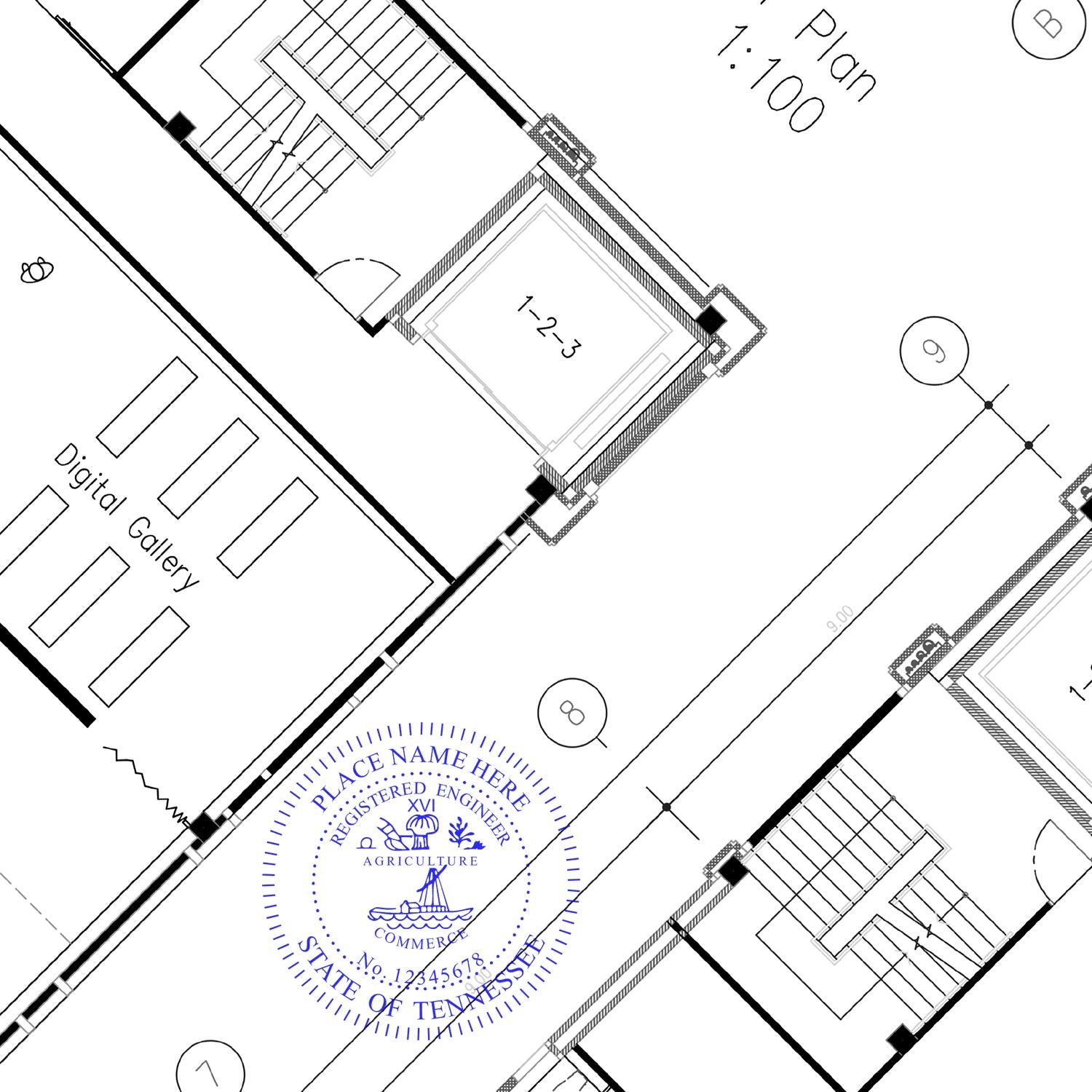 Another Example of a stamped impression of the Digital Tennessee PE Stamp and Electronic Seal for Tennessee Engineer on a piece of office paper.