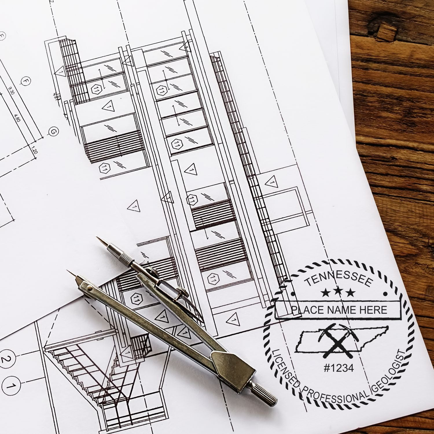 A photograph of the Tennessee Professional Geologist Seal Stamp stamp impression reveals a vivid, professional image of the on paper.