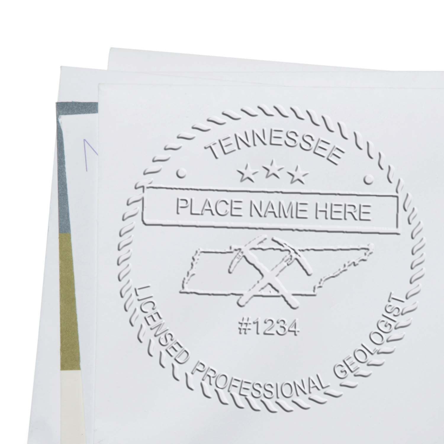 A photograph of the Soft Tennessee Professional Geologist Seal stamp impression reveals a vivid, professional image of the on paper.