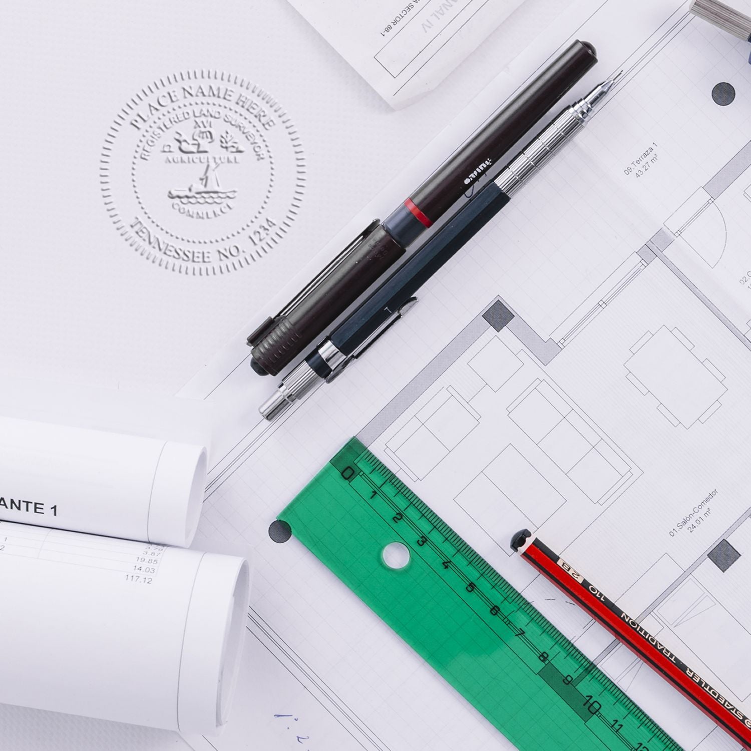 Another Example of a stamped impression of the Handheld Tennessee Land Surveyor Seal on a piece of office paper.