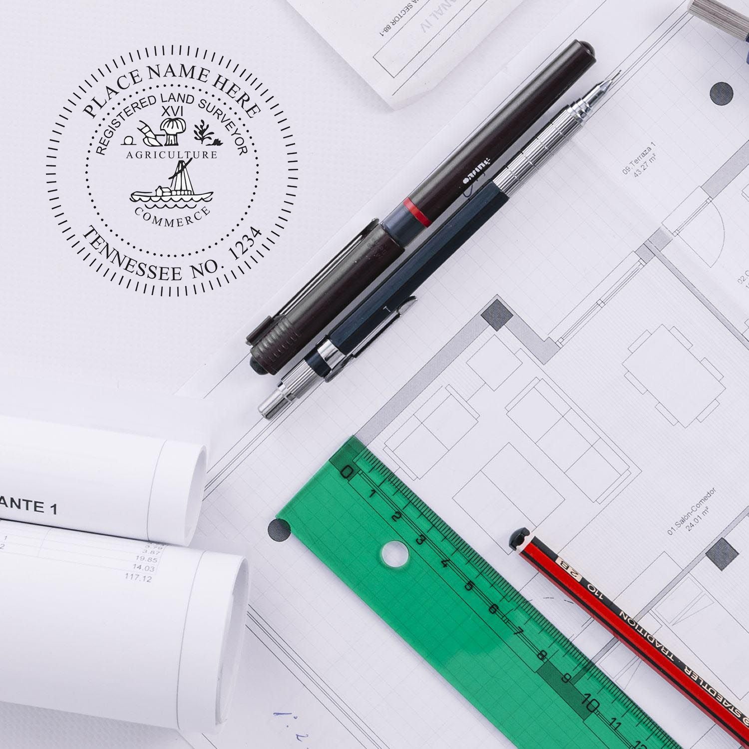 Self Inking Tennessee Land Surveyor Stamp in use on architectural plans with pens, ruler, and blueprints on a desk.