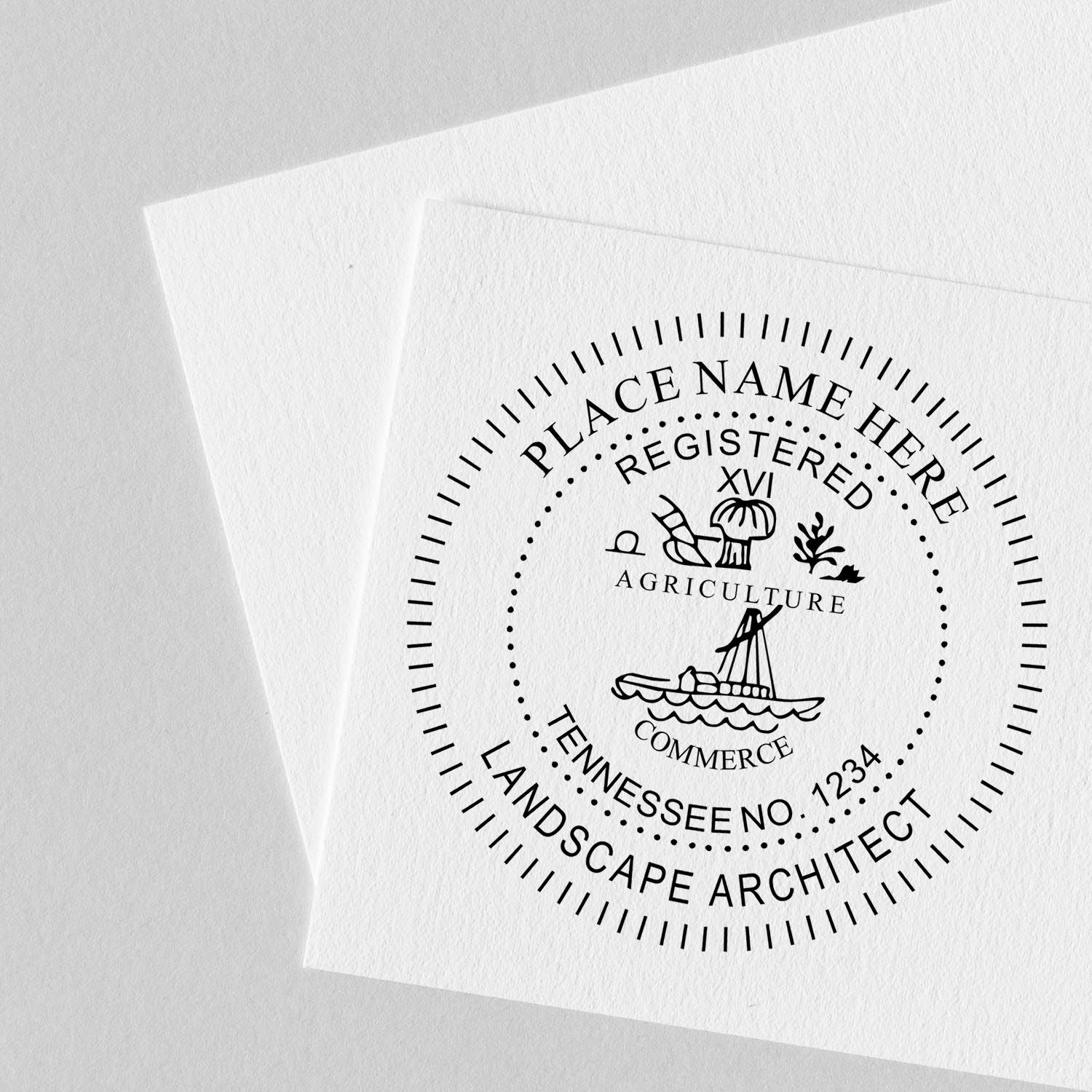 A lifestyle photo showing a stamped image of the Digital Tennessee Landscape Architect Stamp on a piece of paper