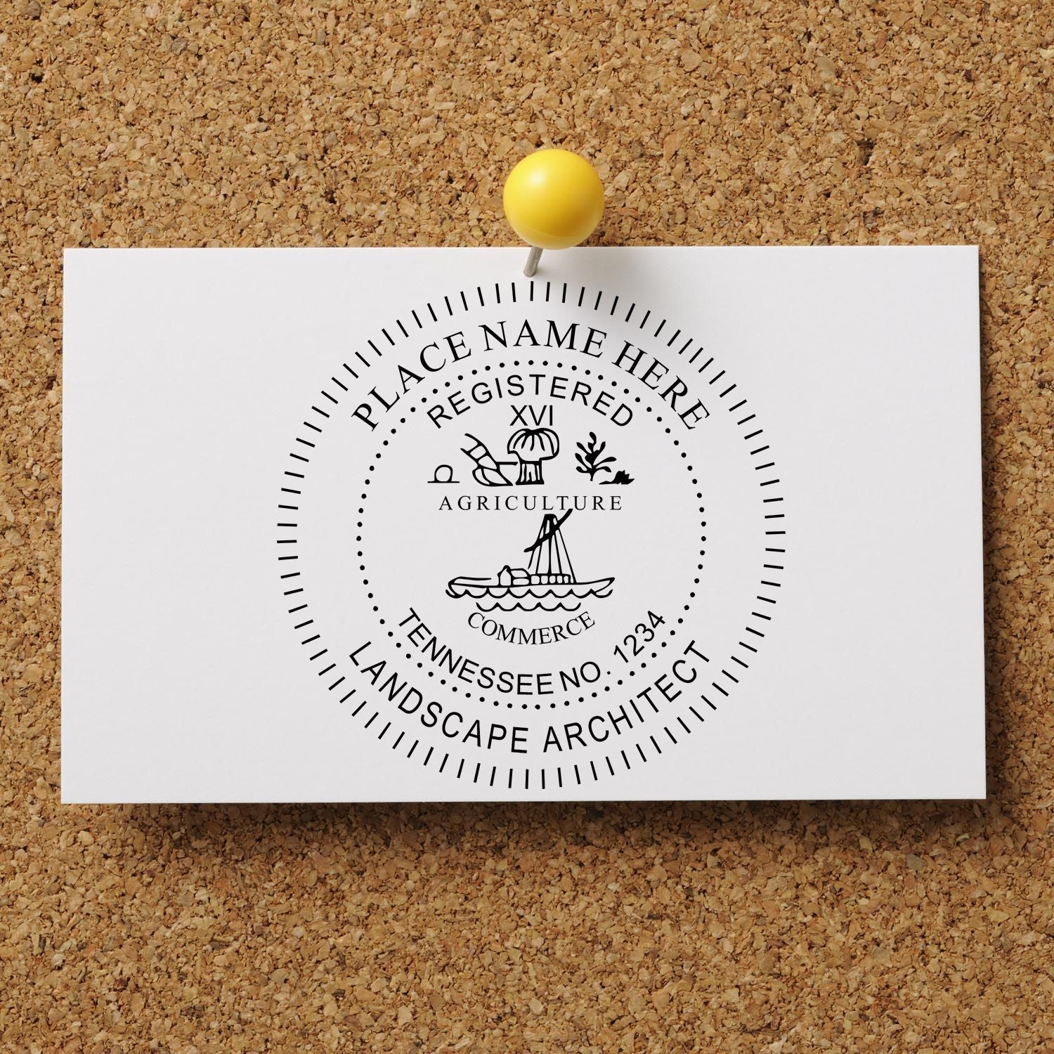 This paper is stamped with a sample imprint of the Slim Pre-Inked Tennessee Landscape Architect Seal Stamp, signifying its quality and reliability.