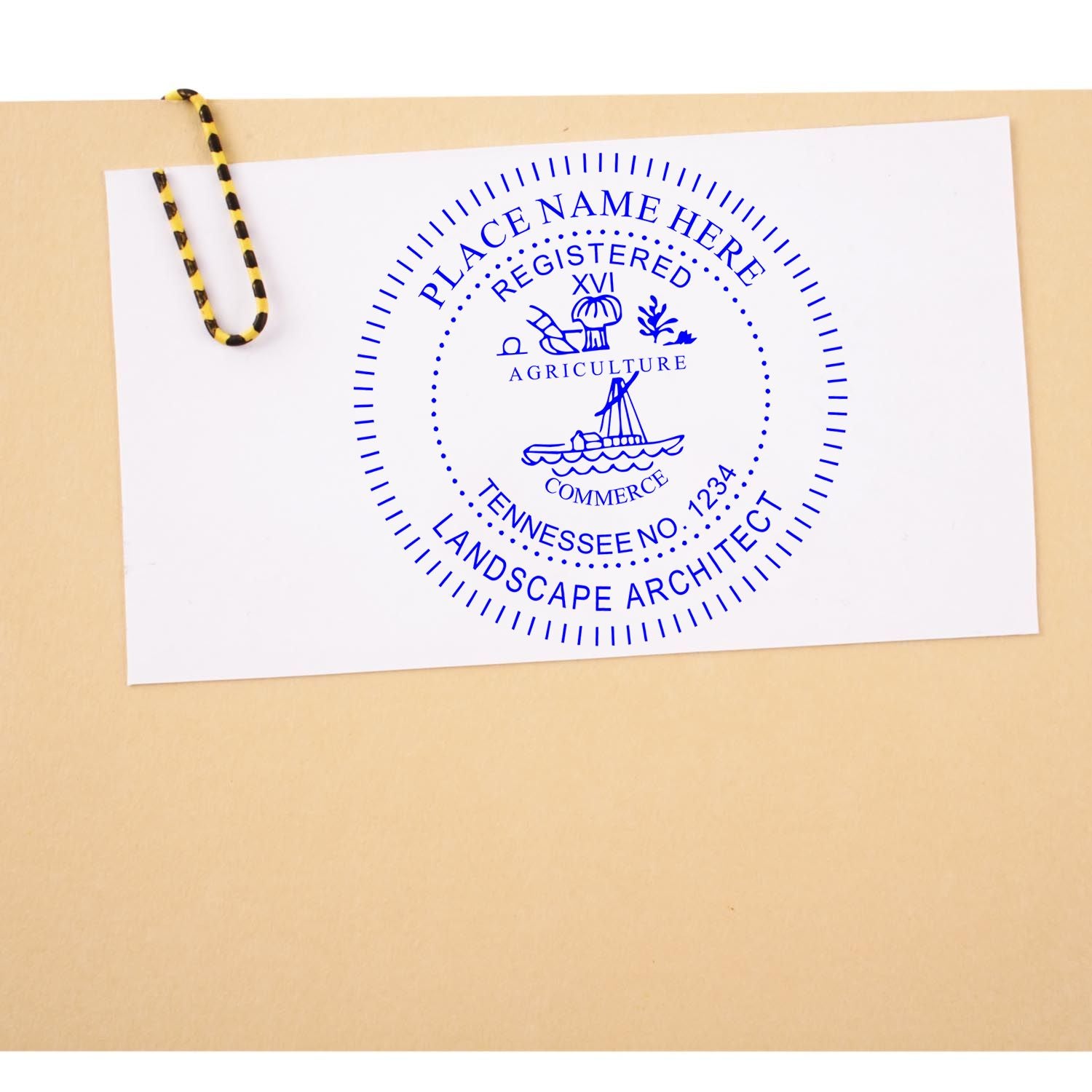 This paper is stamped with a sample imprint of the Self-Inking Tennessee Landscape Architect Stamp, signifying its quality and reliability.