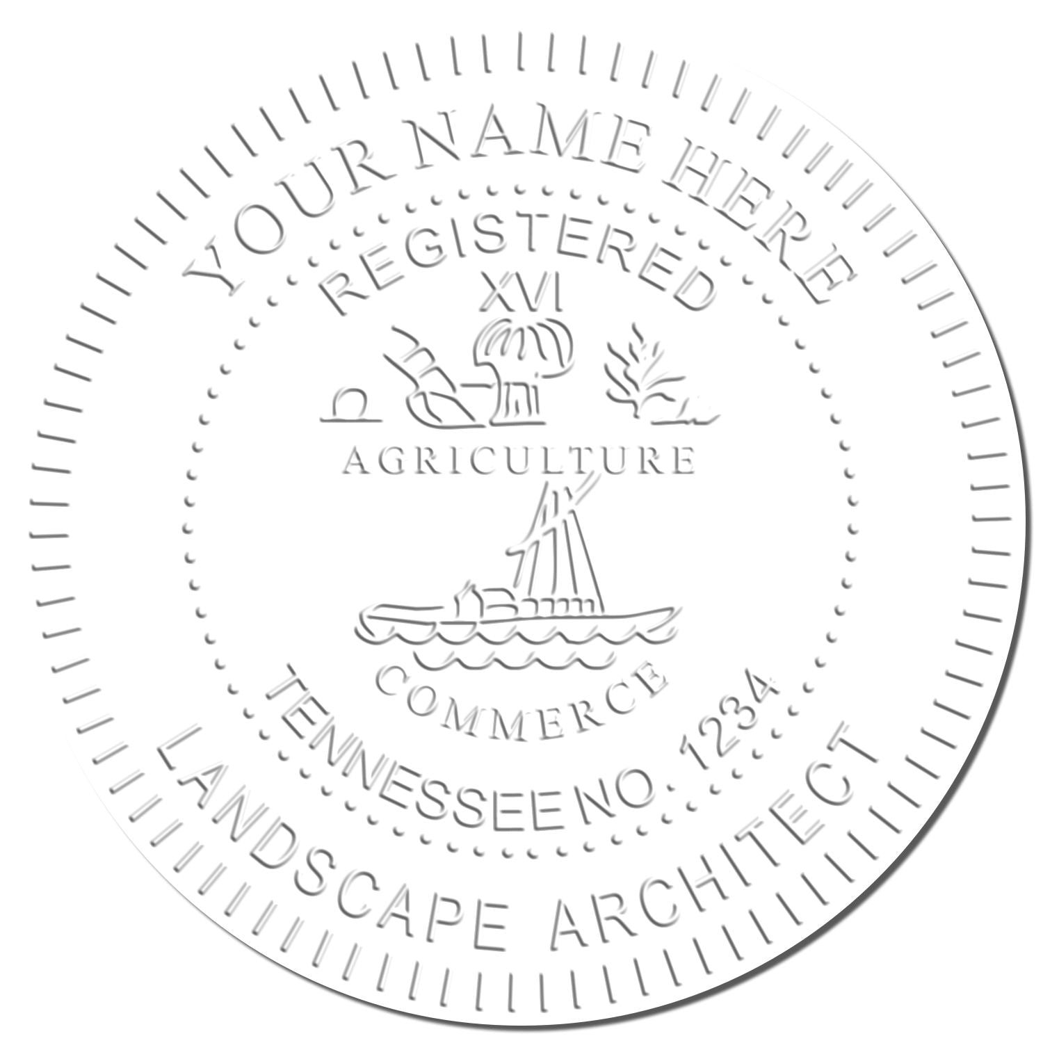 This paper is stamped with a sample imprint of the Tennessee Long Reach Landscape Architect Embossing Stamp, signifying its quality and reliability.