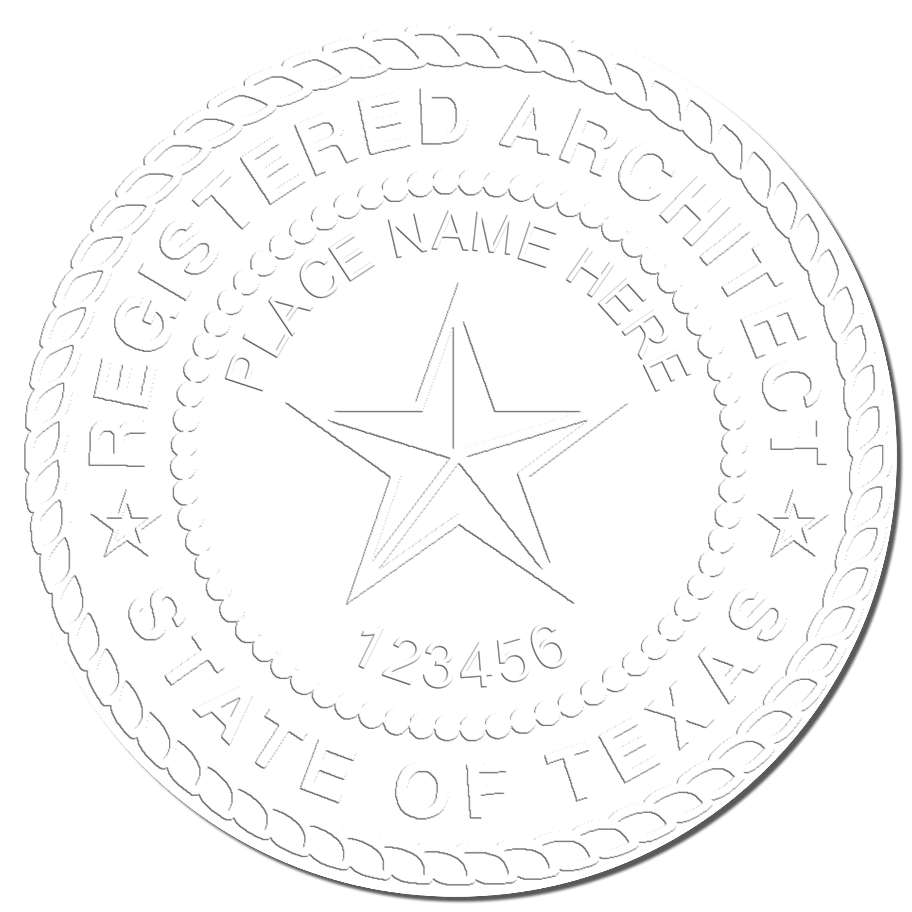 A photograph of the Handheld Texas Architect Seal Embosser stamp impression reveals a vivid, professional image of the on paper.