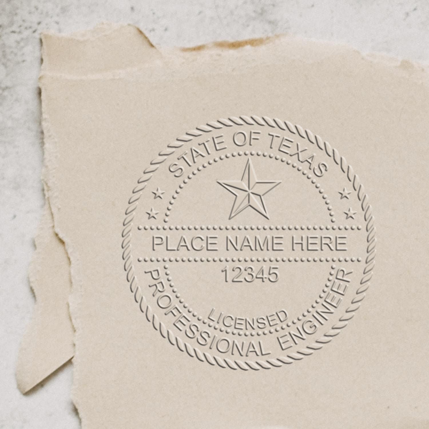 A stamped impression of the Texas Engineer Desk Seal in this stylish lifestyle photo, setting the tone for a unique and personalized product.