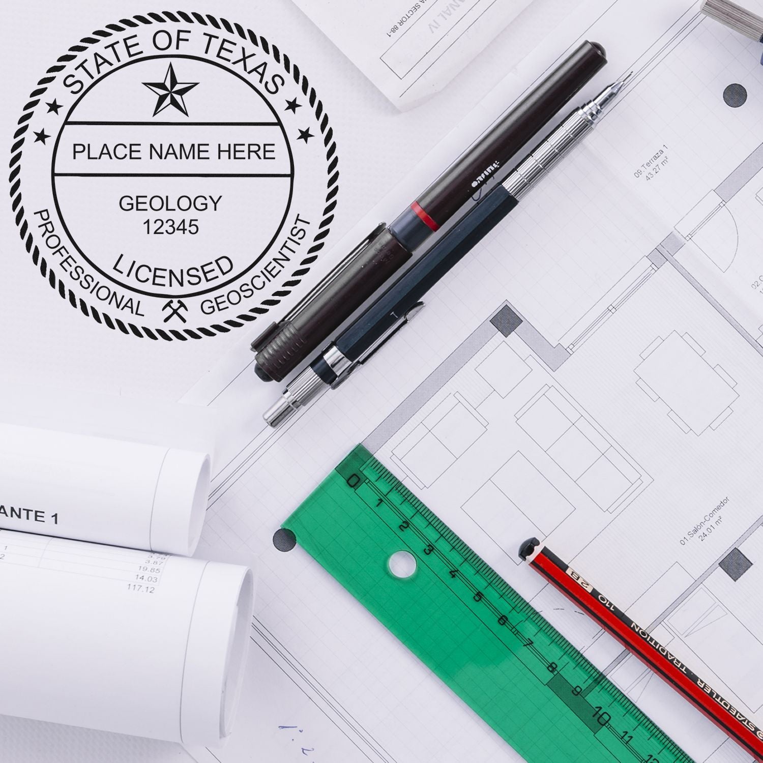 A photograph of the Digital Texas Geologist Stamp, Electronic Seal for Texas Geologist stamp impression reveals a vivid, professional image of the on paper.