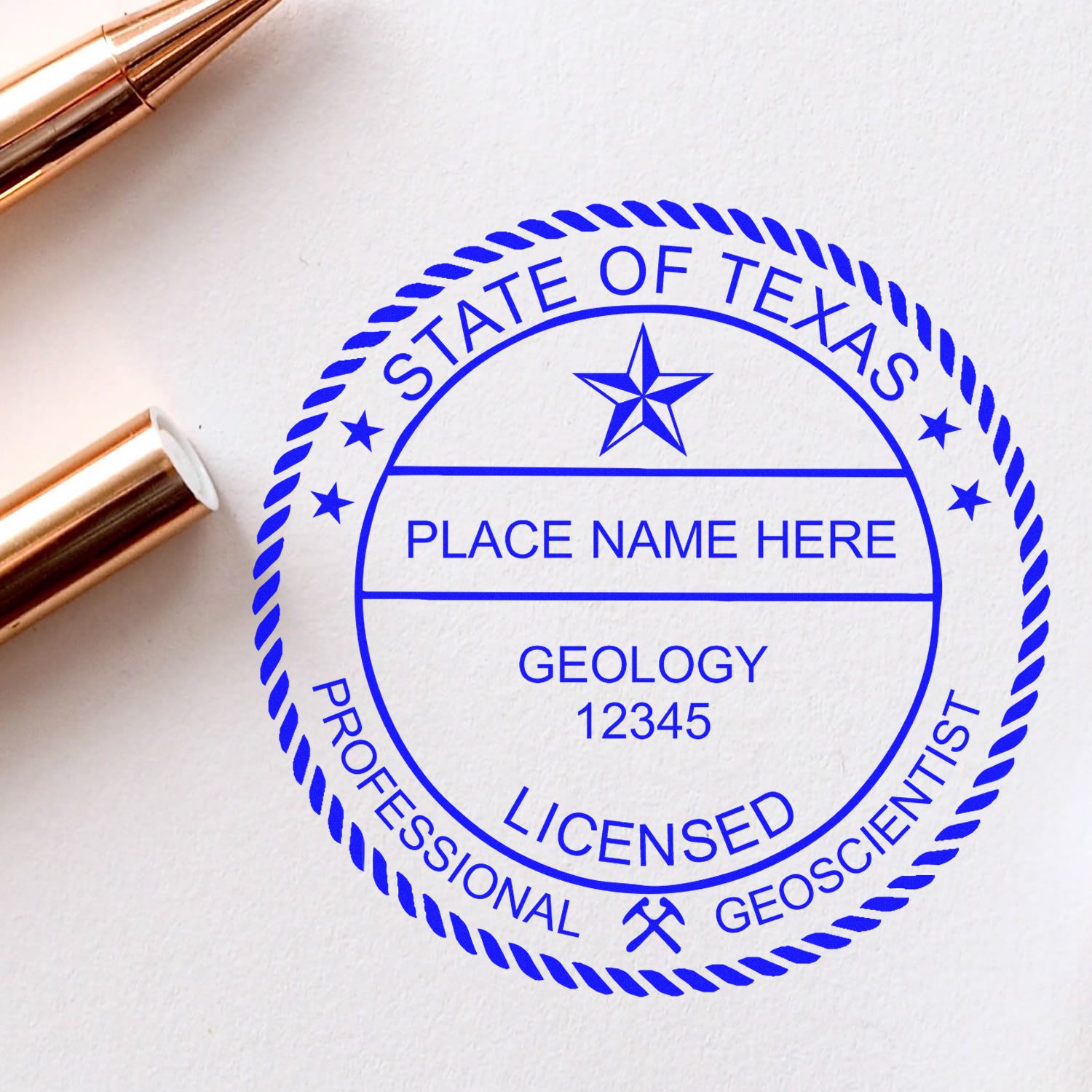 An alternative view of the Slim Pre-Inked Texas Professional Geologist Seal Stamp stamped on a sheet of paper showing the image in use